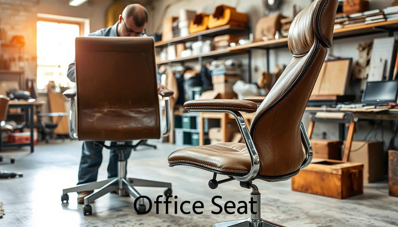A professional image capturing the logistics of furniture restoration, focusing on leather, skin, metal, and structure. In the foreground, a skilled worker wearing professional attire examines a worn office chair, showcasing detailed textures of the leather and metal. The middle ground features a workshop environment with various tools, materials, and partially restored furniture pieces, creating a sense of an active restoration process. In the background, shelves filled with organized supplies and a window allowing soft, natural light to illuminate the scene, enhancing the warm and inviting atmosphere. Place the brand name "Office Seat" subtly in the bottom corner, ensuring it is legible yet unobtrusive, without any additional text or overlay. The overall mood should convey professionalism and craftsmanship in restoration.