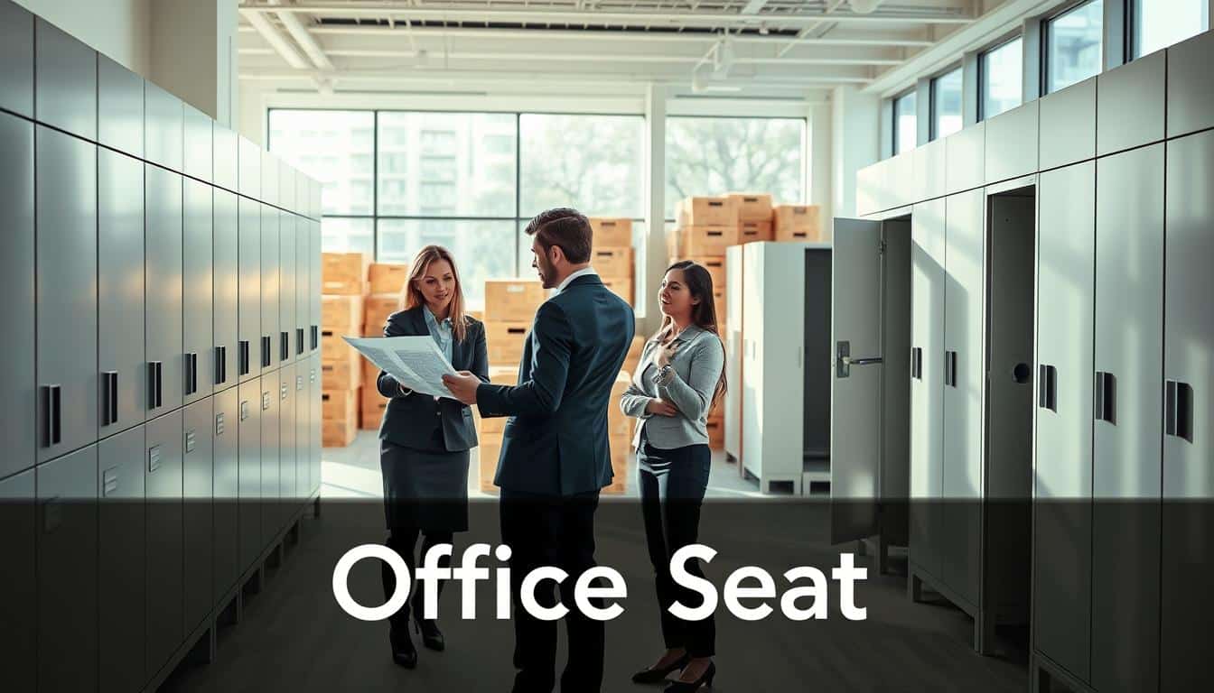 A professional installation scene of lockers in an office environment, featuring sleek, modern lockers in various sizes, arranged neatly in a well-lit workspace. In the foreground, a diverse team of three professionals wearing business attire collaborates while examining a blueprint for the installation process. The middle ground showcases the newly installed lockers, with some open to display their spacious interiors. The background reveals an orderly logistics area, with crates ready for delivery. Soft, natural lighting enters through large windows, casting gentle shadows and creating a welcoming atmosphere. The brand "Office Seat" is subtly incorporated as a text shadow in the lower corner, ensuring clear visibility without disrupting the image's professional focus.