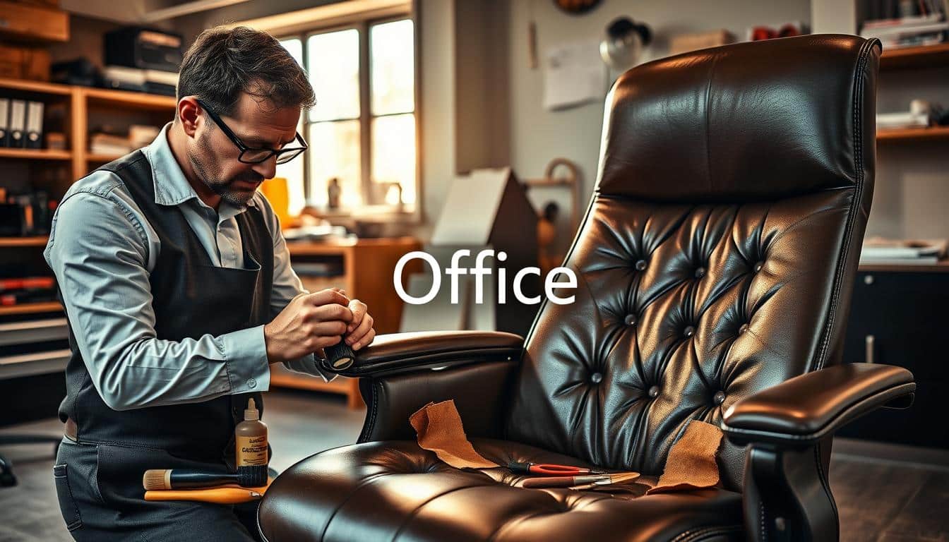A professional leather repair scene in an office setting, showcasing a skilled artisan carefully restoring a leather chair. In the foreground, the artisan, dressed in a neat business casual attire, focuses on applying a leather conditioner with tools spread around: brushes, patches, and a bottle of adhesive. The middle ground displays the luxurious dark leather chair, highlighting areas of wear and damage being expertly fixed. The background features a modern office environment, with shelves of organized tools and office supplies, under warm, natural lighting streaming through a window. The atmosphere conveys a sense of professionalism and craftsmanship. The brand name "Office Seat" is subtly incorporated into the image as a shadow text, ensuring it is clearly legible yet understated.
