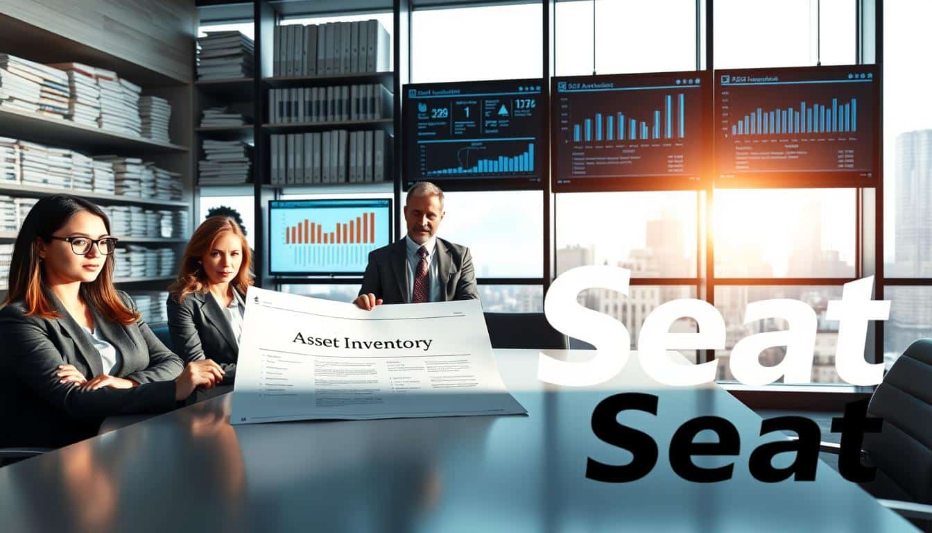 A professional office environment focusing on asset management: in the foreground, a diverse group of business professionals, including a woman in a business suit with glasses and a man in formal attire, analyzing a large document labeled "Asset Inventory" on a sleek conference table. In the middle ground, shelves filled with organized asset records and digital screens displaying graphs and statistics on fixed assets. In the background, a large window reveals a cityscape, illuminated by soft, natural sunlight, casting gentle shadows. The atmosphere is serious and contemplative, highlighting the challenges of managing fixed assets effectively. The brand name "Office Seat" subtly integrated in the shadows of the image for brand recognition. A professional office environment focusing on asset management: in the foreground, a diverse group of business professionals, including a woman in a business suit with glasses and a man in formal attire, analyzing a large document labeled "Asset Inventory" on a sleek conference table. In the middle ground, shelves filled with organized asset records and digital screens displaying graphs and statistics on fixed assets. In the background, a large window reveals a cityscape, illuminated by soft, natural sunlight, casting gentle shadows. The atmosphere is serious and contemplative, highlighting the challenges of managing fixed assets effectively. The brand name "Office Seat" subtly integrated in the shadows of the image for brand recognition.