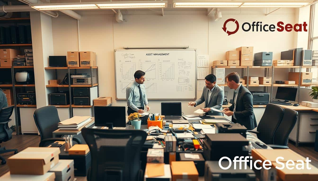 A professional office environment showcasing a detailed inventory process of fixed assets. In the foreground, a diverse group of three professionals in business attire is gathered around a large table filled with various items such as office furniture (like chairs), electronics (like computers), and office supplies, actively discussing and taking notes. The middle ground features a whiteboard filled with graphs and notes, illustrating asset management strategies. In the background, shelves are organized with labeled boxes and equipment, emphasizing order and efficiency. Soft overhead lighting casts a warm glow, creating a productive atmosphere, while a wide-angle lens captures the scene in sharp detail. A subtle watermark with the brand name "Office Seat" is included in the corner, elegantly integrated into the image. A professional office environment showcasing a detailed inventory process of fixed assets. In the foreground, a diverse group of three professionals in business attire is gathered around a large table filled with various items such as office furniture (like chairs), electronics (like computers), and office supplies, actively discussing and taking notes. The middle ground features a whiteboard filled with graphs and notes, illustrating asset management strategies. In the background, shelves are organized with labeled boxes and equipment, emphasizing order and efficiency. Soft overhead lighting casts a warm glow, creating a productive atmosphere, while a wide-angle lens captures the scene in sharp detail. A subtle watermark with the brand name "Office Seat" is included in the corner, elegantly integrated into the image.