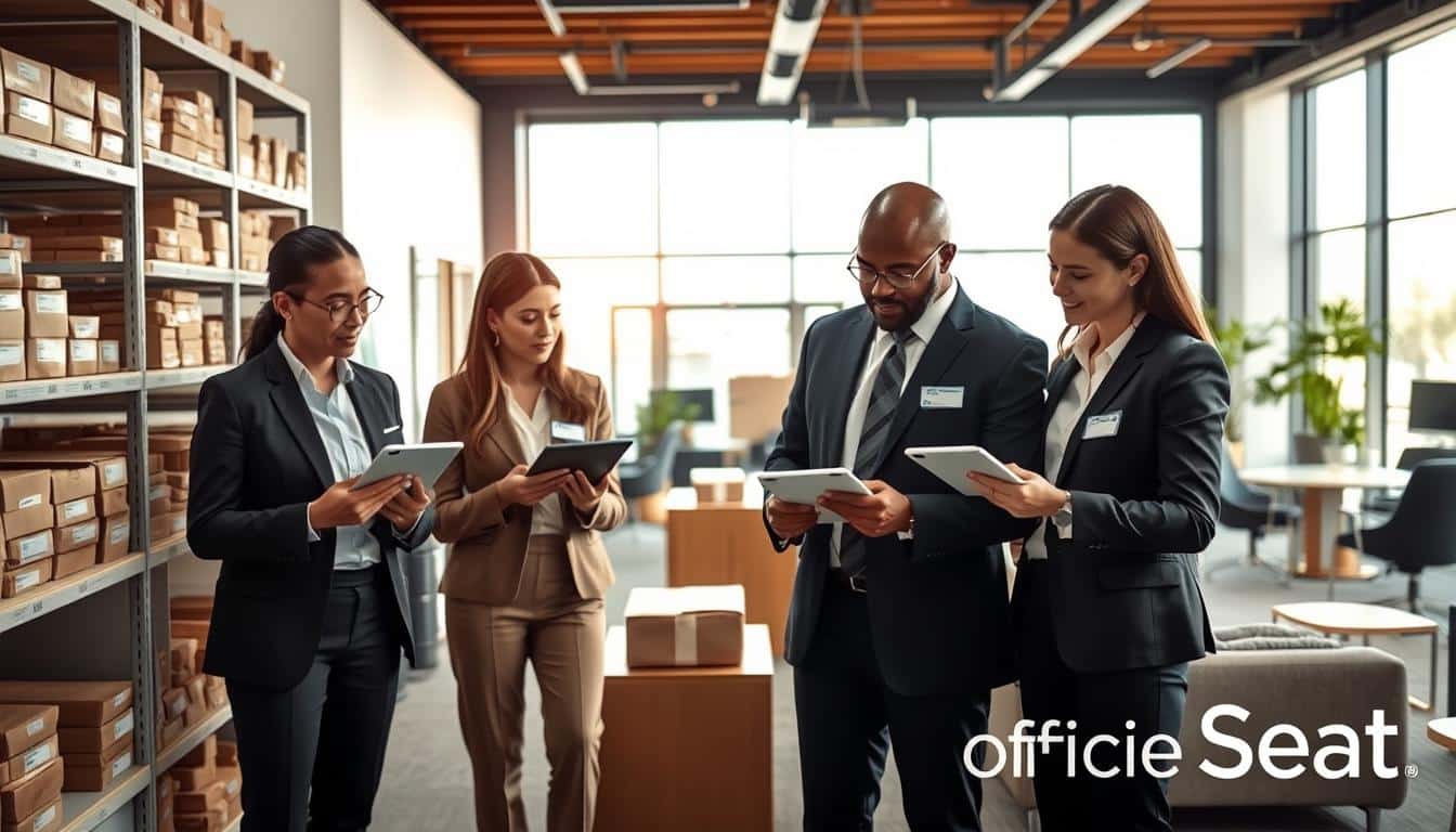 A professional office environment showcasing a physical inventory check of fixed assets. In the foreground, a diverse team of three individuals, dressed in smart business attire, is focused on examining items such as furniture, technology, and equipment, using tablets and clipboards for documentation. The middle ground features shelves stocked with labeled asset tags, which provide clear identifiers for each item. The background reveals a well-lit office space, decorated with modern furnishings and large windows allowing natural light to pour in, creating an inviting atmosphere. Soft shadows and highlights enhance the details, emphasizing professionalism and thoroughness in the asset inventory process. Shadow text subtly displays the brand name "Office Seat" in the corner, ensuring brand visibility without overwhelming the image’s composition. A professional office environment showcasing a physical inventory check of fixed assets. In the foreground, a diverse team of three individuals, dressed in smart business attire, is focused on examining items such as furniture, technology, and equipment, using tablets and clipboards for documentation. The middle ground features shelves stocked with labeled asset tags, which provide clear identifiers for each item. The background reveals a well-lit office space, decorated with modern furnishings and large windows allowing natural light to pour in, creating an inviting atmosphere. Soft shadows and highlights enhance the details, emphasizing professionalism and thoroughness in the asset inventory process. Shadow text subtly displays the brand name "Office Seat" in the corner, ensuring brand visibility without overwhelming the image’s composition.