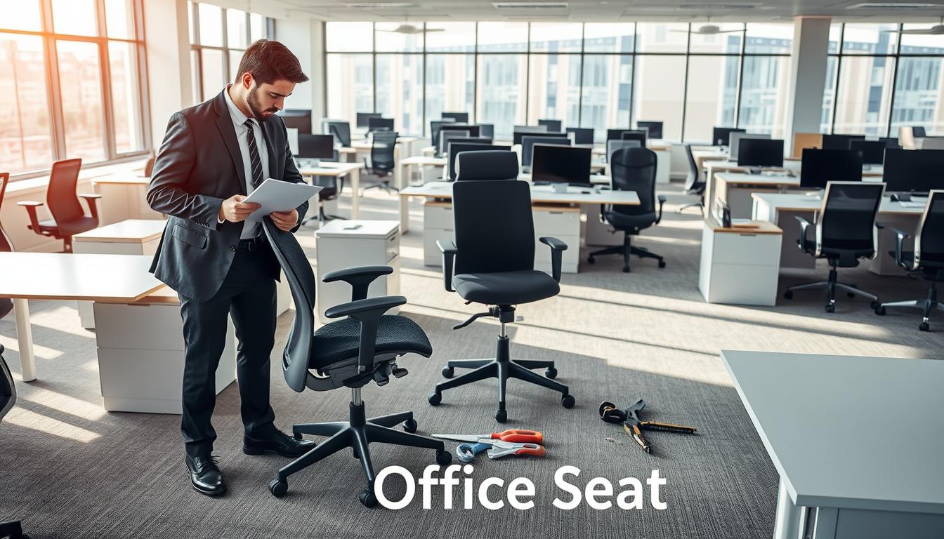 A professional office environment showcasing a variety of office furniture under evaluation for repairs. In the foreground, a skilled technician in smart business attire inspects a worn ergonomic chair, holding a clipboard. Surrounding him, a diverse array of desk types and chairs, some showing signs of wear and tear. In the middle ground, organized tools and repair materials lay neatly, indicating an active workspace. The background features large windows allowing natural light to flood the room, enhancing the bright and focused atmosphere. Soft shadows cast by the furniture create depth, while a modern office design style reflects professionalism. Include the brand name "Office Seat" in a subtle text shadow in the bottom corner.