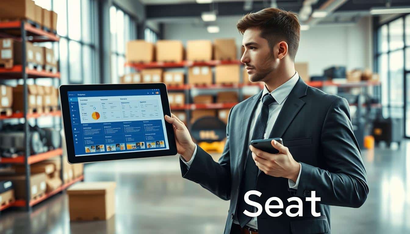 A professional office environment showcasing advanced asset management technology. In the foreground, a sleek digital inventory management interface is displayed on a tablet held by a focused business professional in smart attire. The middle ground features organized shelves filled with labeled equipment and machinery, illustrating effective inventory control. The background includes soft-focus, modern office furniture and large windows allowing natural light to flood the space, creating a bright and inviting atmosphere. The overall mood is one of efficiency and innovation. A subtle shadow of the text “Office Seat” integrated into the image enhances brand visibility without disrupting the composition. A professional office environment showcasing advanced asset management technology. In the foreground, a sleek digital inventory management interface is displayed on a tablet held by a focused business professional in smart attire. The middle ground features organized shelves filled with labeled equipment and machinery, illustrating effective inventory control. The background includes soft-focus, modern office furniture and large windows allowing natural light to flood the space, creating a bright and inviting atmosphere. The overall mood is one of efficiency and innovation. A subtle shadow of the text “Office Seat” integrated into the image enhances brand visibility without disrupting the composition.