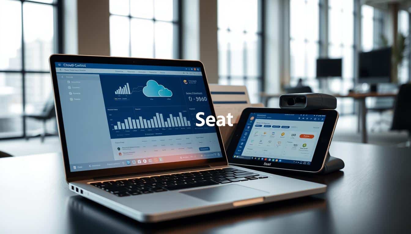 A professional office environment showcasing cloud control technology. In the foreground, a sleek laptop with a modern interface displays data analytics and cloud management software. Next to it, a tablet features a dashboard for asset tracking. The middle layer includes a stylish document holder and a wireless scanner, symbolizing efficient reading and recording of fixed assets. The background is a contemporary office space with large windows letting in soft, natural light, enhancing a productive atmosphere. The scene should convey a sense of innovation and efficiency, suitable for a business article, with the brand "Office Seat" subtly included in the shadow of the laptop screen. The overall mood should be focused and inspiring, emphasizing modern technology's role in asset management.