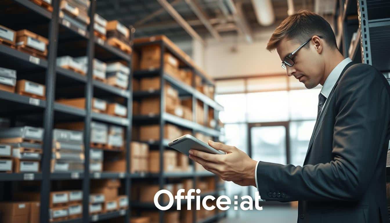 A professional office environment showcasing the maintenance and updating of inventory plates. In the foreground, a focused employee in business attire diligently examines inventory plates, using a digital tablet to update records, surrounded by neatly organized inventory items. The middle ground features shelves filled with various assets, each clearly labeled with inventory plates. The background contains a modern office setting with soft, natural lighting filtering through large windows, creating a bright and productive atmosphere. The angle is slightly tilted downwards, capturing both the task at hand and the organized workspace. Include a subtle shadow of the brand name "Office Seat" in the bottom corner, ensuring legibility while blending harmoniously with the image. A professional office environment showcasing the maintenance and updating of inventory plates. In the foreground, a focused employee in business attire diligently examines inventory plates, using a digital tablet to update records, surrounded by neatly organized inventory items. The middle ground features shelves filled with various assets, each clearly labeled with inventory plates. The background contains a modern office setting with soft, natural lighting filtering through large windows, creating a bright and productive atmosphere. The angle is slightly tilted downwards, capturing both the task at hand and the organized workspace. Include a subtle shadow of the brand name "Office Seat" in the bottom corner, ensuring legibility while blending harmoniously with the image.