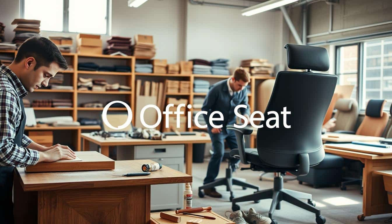 A professional office furniture repair workshop scene featuring skilled technicians in business attire working diligently on various office furniture pieces, such as desks and chairs. In the foreground, a technician is sanding a wooden desk, showcasing the attention to detail and craftsmanship. In the middle ground, another technician inspects an ergonomic chair, surrounded by tools like chisels, wood glue, and a workbench with a variety of materials. The background reveals well-organized shelves filled with replacement parts and upholstery samples. The atmosphere is bright and focused, with natural light streaming in through large windows, illuminating the workspace. The brand name “Office Seat” is subtly integrated into the image, appearing as a shadowed text on a wall, ensuring it is clear yet unobtrusive.
