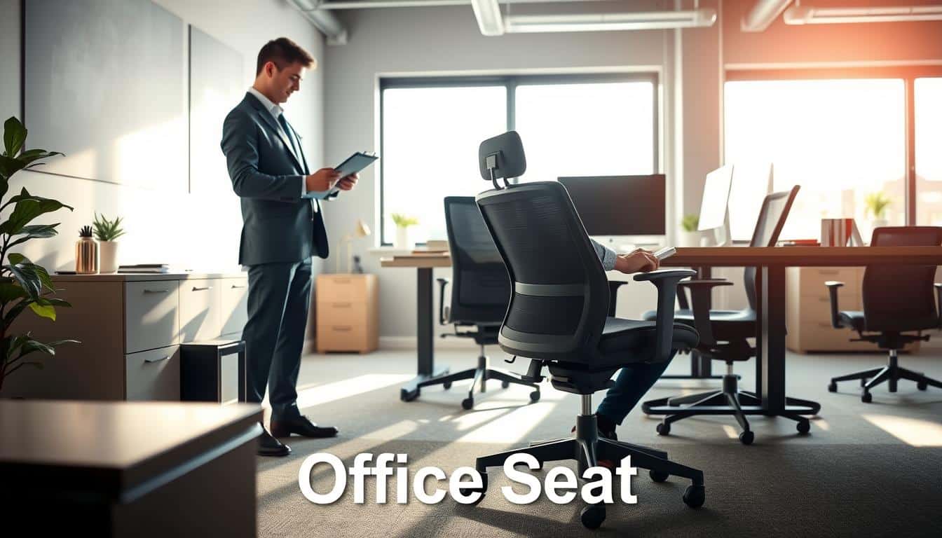 A professional office maintenance scene showcasing a well-organized workspace with modern office furniture. In the foreground, a technician in smart business attire is inspecting an ergonomic office chair, holding tools and a clipboard, reflecting thorough attention to detail. In the middle ground, a stylish desk and computer setup, with a few office supplies neatly arranged, emphasizes a sense of order. In the background, a bright window allows natural light to flood the room, illuminating the space and creating a vibrant atmosphere. Soft shadows add depth and warmth, enhancing the overall mood of professionalism and care. The brand "Office Seat" should be subtly included as a shadow text on the image, ensuring visibility without distractions.