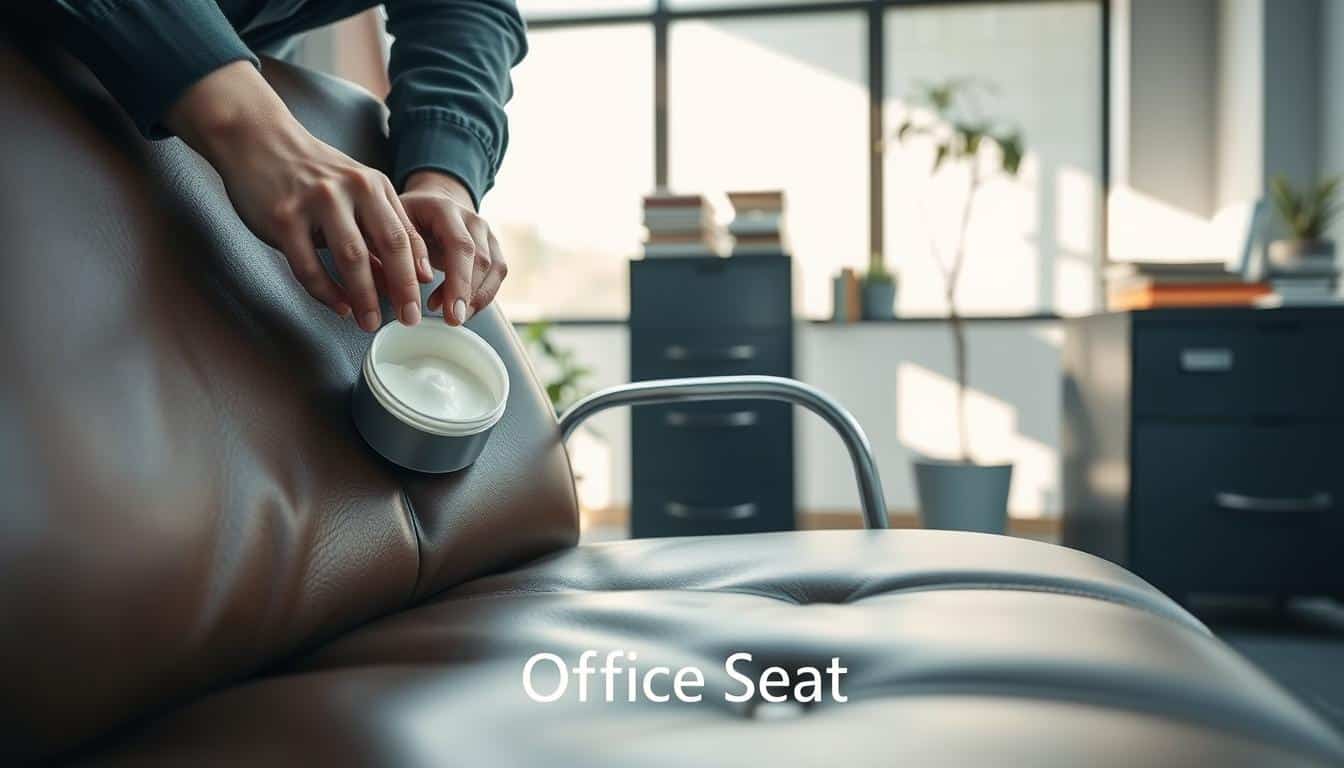 A professional office setting featuring a close-up of a well-maintained leather chair undergoing care and maintenance. In the foreground, showcase a pair of hands applying a nourishing leather conditioner to the chair's surface, highlighting the texture and sheen of the leather. In the middle background, include a neatly organized workspace with office supplies, a small plant, and a metal filing cabinet, all in refined, modern design. The background should feature soft, diffused natural light pouring in through a large window, casting gentle shadows to create a warm, inviting atmosphere. The entire scene should promote the importance of routine leather care in an office environment. In the lower corner, subtly place the brand name "Office Seat" in a clear, legible font.