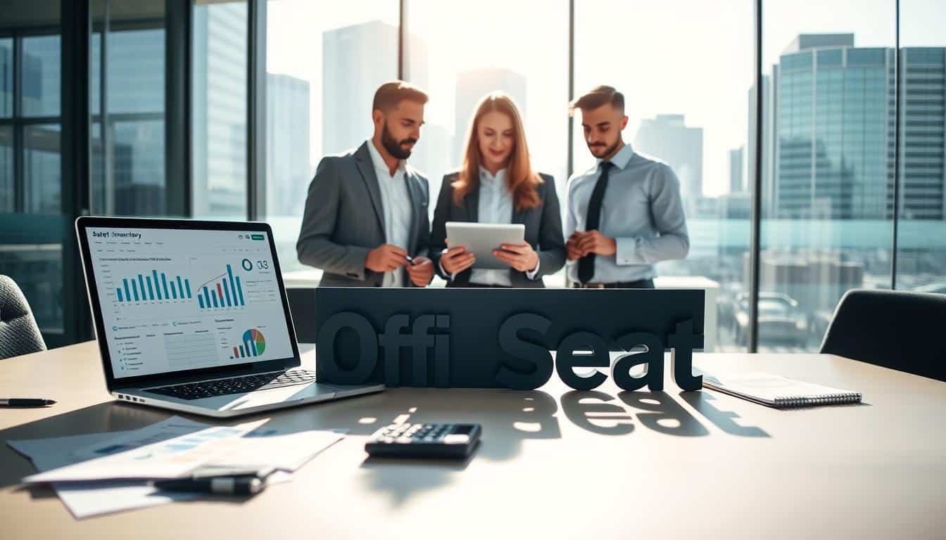 A professional office setting focused on the theme of asset management and control. In the foreground, a well-organized desk displays a laptop with charts and graphs related to fixed asset inventory. Scattered documents and a calculator suggest active analysis. In the middle, a diverse team of three professionals—two men and one woman—are engaged in discussion, dressed in business attire, examining a digital tablet. The background shows a modern office environment with glass walls, showcasing a cityscape. Natural sunlight illuminates the room, creating a bright and productive atmosphere. A shadow of the brand name “Office Seat” is subtly integrated on the desk’s surface, ensuring visibility without overshadowing the main elements of the image. A professional office setting focused on the theme of asset management and control. In the foreground, a well-organized desk displays a laptop with charts and graphs related to fixed asset inventory. Scattered documents and a calculator suggest active analysis. In the middle, a diverse team of three professionals—two men and one woman—are engaged in discussion, dressed in business attire, examining a digital tablet. The background shows a modern office environment with glass walls, showcasing a cityscape. Natural sunlight illuminates the room, creating a bright and productive atmosphere. A shadow of the brand name “Office Seat” is subtly integrated on the desk’s surface, ensuring visibility without overshadowing the main elements of the image.