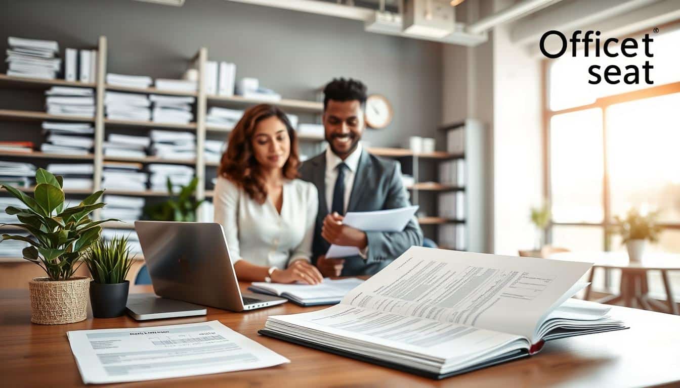 A professional office setting, focusing on a modern desk equipped with open files and documents labeled "updated registration." In the foreground, a well-organized workspace with a laptop, a financial report, and an office plant, symbolizing productivity and efficiency. The middle layer features a confident, diverse business person in professional attire, reviewing the documents with a thoughtful expression. The background showcases a bright, airy office filled with shelves of neatly arranged paperwork and a wall clock, indicating the importance of time in maintaining updated records. Soft, natural lighting flows in from large windows, creating a calm yet focused atmosphere. Include the brand name "Office Seat" subtly in the corner with clear, legible text, adding a professional touch without distracting from the main elements.