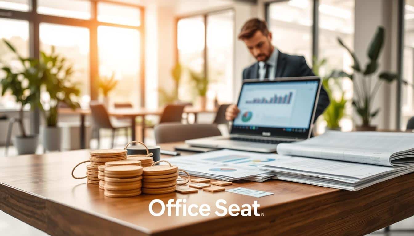 A professional office setting focusing on “normativas activos fijos RD.” In the foreground, a sleek wooden desk showcases a collection of neatly organized inventory tags and documentation related to asset management, highlighting compliance with DIGECOG and DGII regulations. A modern laptop with charts on the screen illustrates good practices in asset tracking. The middle ground features a well-dressed business professional reviewing these documents, projecting focus and diligence. The background shows a bright, airy office with large windows, natural light streaming in, and plants that create a welcoming atmosphere. The composition captures a sense of professionalism and order, underscored by the presence of the brand name "Office Seat" subtly integrated into the scene, ensuring legibility. A professional office setting focusing on “normativas activos fijos RD.” In the foreground, a sleek wooden desk showcases a collection of neatly organized inventory tags and documentation related to asset management, highlighting compliance with DIGECOG and DGII regulations. A modern laptop with charts on the screen illustrates good practices in asset tracking. The middle ground features a well-dressed business professional reviewing these documents, projecting focus and diligence. The background shows a bright, airy office with large windows, natural light streaming in, and plants that create a welcoming atmosphere. The composition captures a sense of professionalism and order, underscored by the presence of the brand name "Office Seat" subtly integrated into the scene, ensuring legibility.