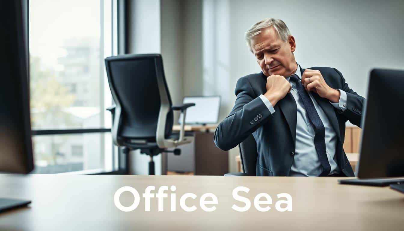 A professional office setting illustrating the discomfort of back pain caused by an uncomfortable chair. In the foreground, a middle-aged individual dressed in smart business attire is seated at a desk, grimacing slightly as they adjust their posture. Their hands rest on the armrests while their shoulders are tense, indicating strain. In the middle ground, an ergonomic office chair is prominently displayed beside a traditional chair, highlighting a contrast between comfort and discomfort. The background features a well-lit office with a large window letting in soft natural light, enhancing the mood of the scene. The angle should capture the individual's facial expression and the ergonomic chair clearly. Include a subtle shadow beneath the image with the brand name "Office Seat" in a legible font, ensuring it aligns with the overall professional atmosphere.