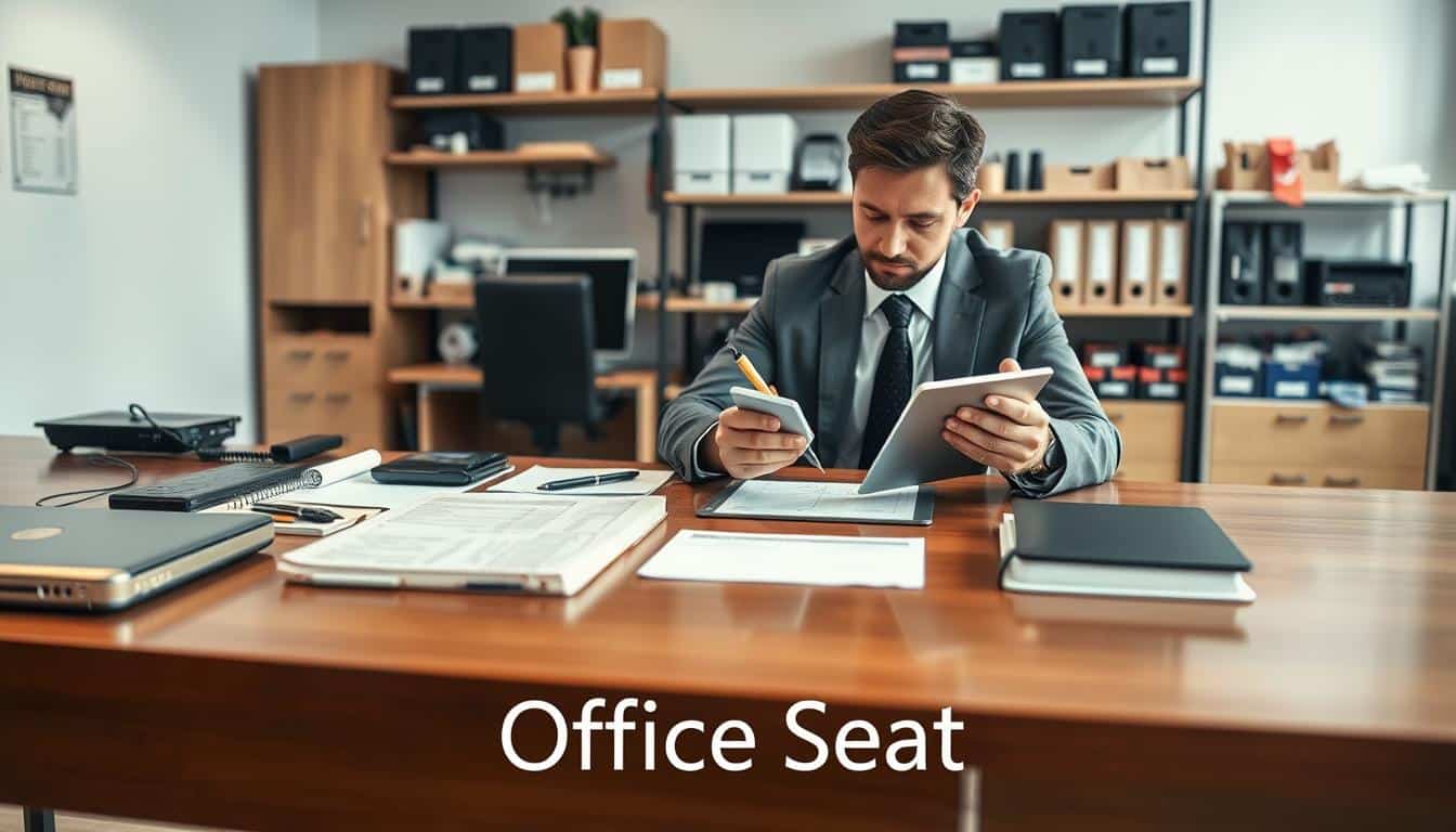 A professional office setting showcasing a detailed inventory of fixed assets. In the foreground, a polished wooden table displays various items like laptops, furniture, and office equipment, organized neatly with an inventory checklist beside them. In the middle, a focused business professional in formal attire analyzes the inventory data on a tablet while taking notes, demonstrating diligence and attention to detail. The background features shelves stocked with office supplies, creating a sense of order and reliability. The lighting is bright and even, highlighting the organization of the space, with soft shadows adding depth. The overall atmosphere conveys professionalism and the importance of maintaining control over assets. Include the brand name "Office Seat" subtly placed in the bottom corner, ensuring it remains legible. A professional office setting showcasing a detailed inventory of fixed assets. In the foreground, a polished wooden table displays various items like laptops, furniture, and office equipment, organized neatly with an inventory checklist beside them. In the middle, a focused business professional in formal attire analyzes the inventory data on a tablet while taking notes, demonstrating diligence and attention to detail. The background features shelves stocked with office supplies, creating a sense of order and reliability. The lighting is bright and even, highlighting the organization of the space, with soft shadows adding depth. The overall atmosphere conveys professionalism and the importance of maintaining control over assets. Include the brand name "Office Seat" subtly placed in the bottom corner, ensuring it remains legible.