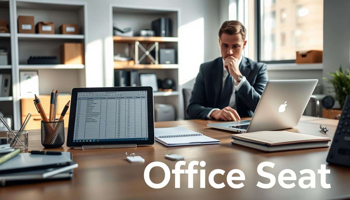 A professional office setting, showcasing a well-organized asset management environment. In the foreground, a neatly arranged table displays various office supplies, a digital tablet showing a detailed asset tracking spreadsheet, and a few asset tags. In the middle ground, a focused individual in business attire inspects an asset register on a laptop, with a thoughtful expression. The background reveals shelves featuring various fixed assets like furniture and equipment, neatly labeled for easy identification. Soft, natural lighting streams in from a nearby window, casting gentle shadows that enhance the atmosphere of professionalism and efficiency. The scene conveys a mood of diligence and order in fixed asset management. The brand name "Office Seat" is subtly incorporated in shadow text at the bottom of the image. A professional office setting, showcasing a well-organized asset management environment. In the foreground, a neatly arranged table displays various office supplies, a digital tablet showing a detailed asset tracking spreadsheet, and a few asset tags. In the middle ground, a focused individual in business attire inspects an asset register on a laptop, with a thoughtful expression. The background reveals shelves featuring various fixed assets like furniture and equipment, neatly labeled for easy identification. Soft, natural lighting streams in from a nearby window, casting gentle shadows that enhance the atmosphere of professionalism and efficiency. The scene conveys a mood of diligence and order in fixed asset management. The brand name "Office Seat" is subtly incorporated in shadow text at the bottom of the image.