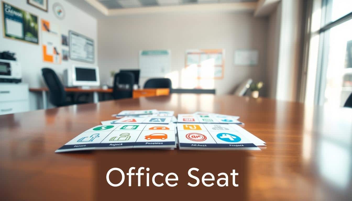 A professional office setting showcasing an assortment of fixed asset labels. In the foreground, several colorful and clearly organized labels lie on a polished wooden desk, displaying various icons denoting equipment types. In the middle ground, blurred office equipment like computers and filing cabinets suggest the assets they represent. The background features a neatly arranged workspace with a calendar and project charts, hinting at efficient maintenance scheduling. Soft, natural lighting from a nearby window creates a warm and inviting atmosphere. The angle is slightly above eye level, capturing both the labels and the user-friendly office environment. Prominently display the brand name "Office Seat" in a shadowed, legible font in the lower corner of the image.