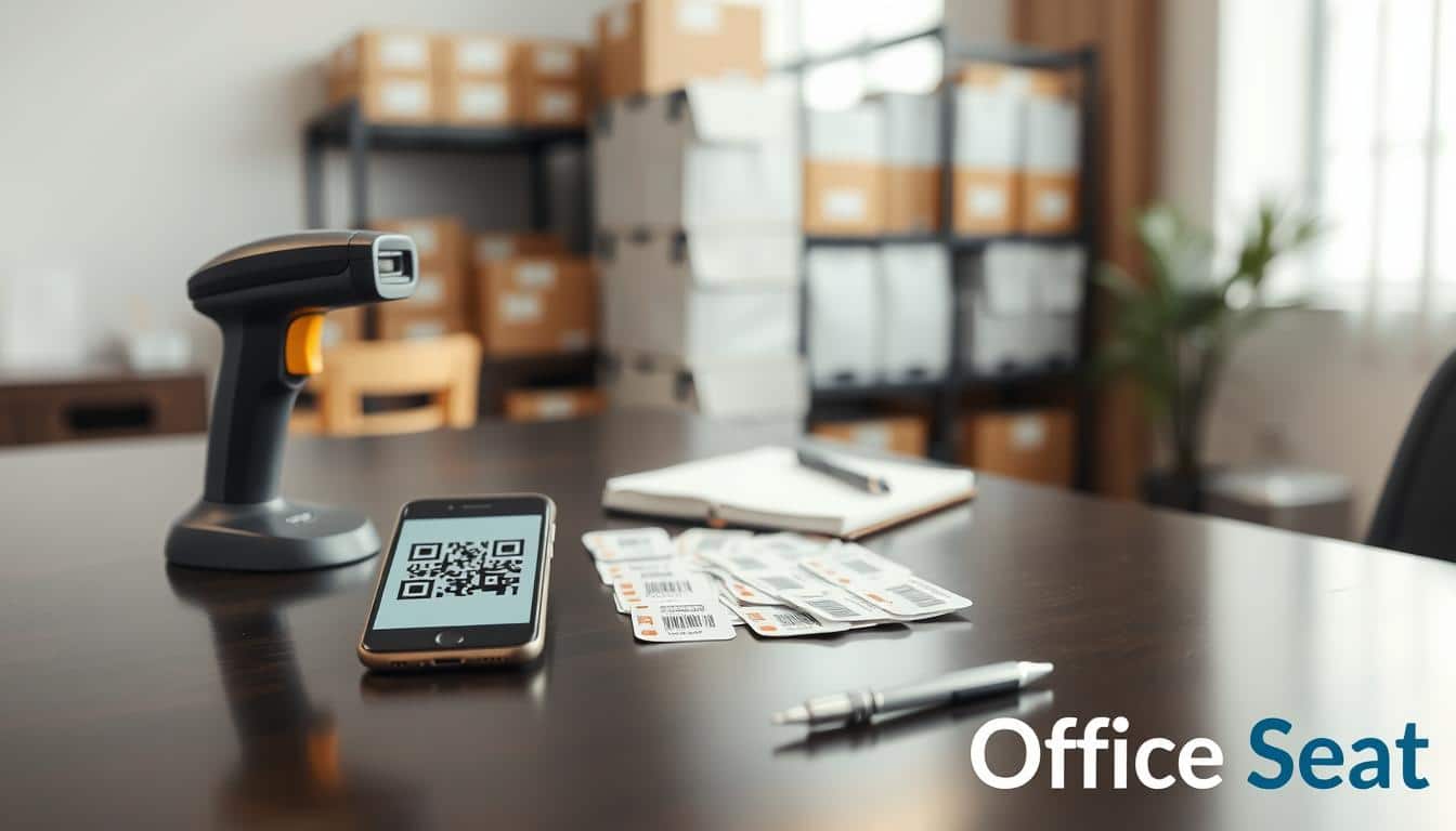 A professional office setting showcasing various asset tracking technologies. In the foreground, an RFID scanner and a smartphone displaying a QR code, both placed on a sleek, dark wooden desk with a subtle reflection. In the middle, a series of asset tags with barcodes and RFID chips, neatly organized, are surrounded by a notebook and a pen, conveying a sense of productivity. The background features a blurred view of shelves filled with labeled packages and inventory, suggesting an efficient asset management environment. Soft, natural lighting filters through an office window, creating a warm and inviting atmosphere. The brand name "Office Seat" subtly incorporated in the image's corner, ensuring visibility.