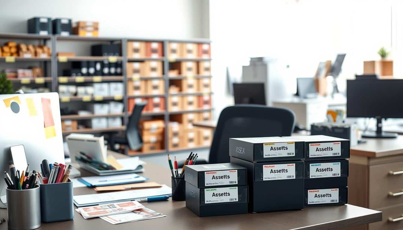 A professional office setting showcasing various fixed asset labels in use. In the foreground, a desk with neatly organized office supplies features vibrant labels attached to equipment like computers, chairs, and filing cabinets. The middle ground includes shelves lined with labeled boxes, each depicting different asset types, highlighting the practical use of these labels. In the background, a well-lit open office space is visible, emphasizing productivity and organization. Use soft, natural lighting to create a warm, inviting atmosphere. The camera angle should be slightly elevated to capture the layout comprehensively. Include our brand "Office Seat" subtly in the shadow of the labels for brand recognition. The overall mood should convey efficiency, professionalism, and clarity.