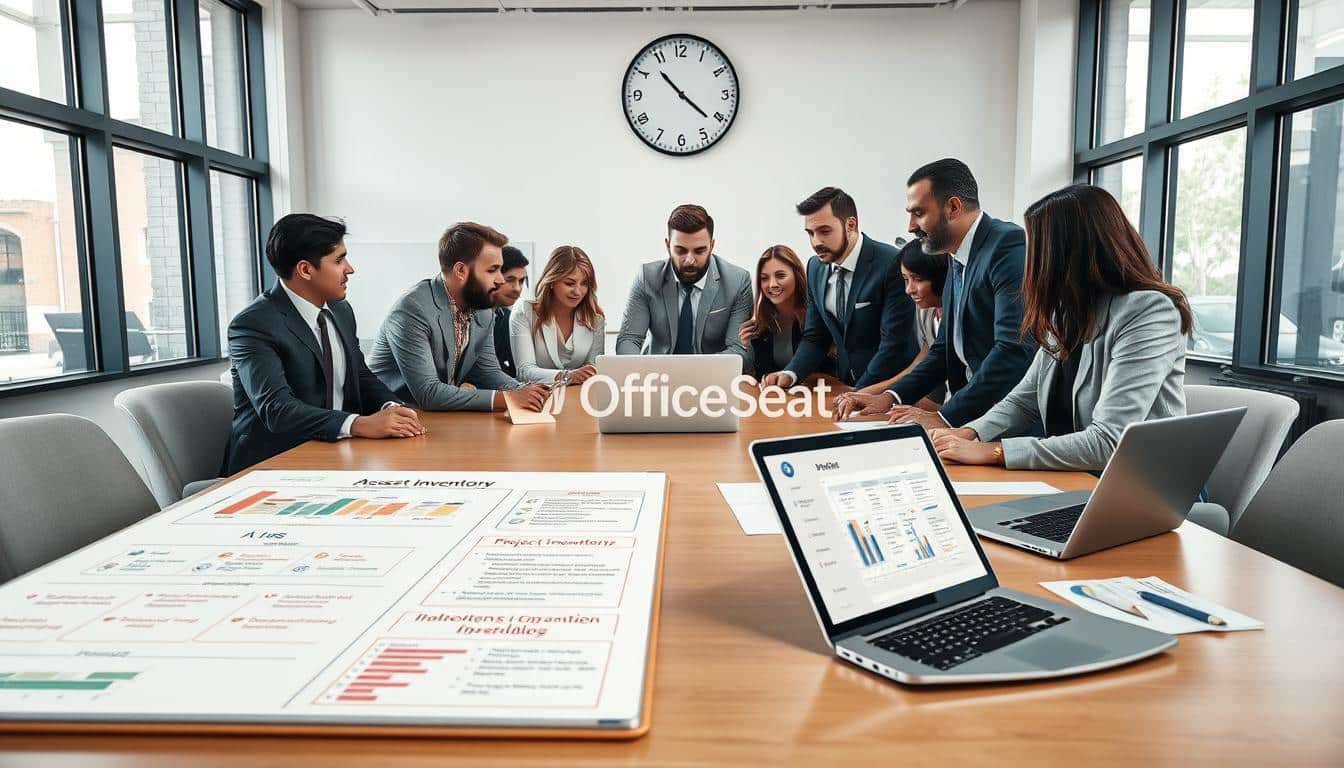 A professional office setting with a diverse team of business professionals gathered around a large conference table, focused on planning an asset inventory. In the foreground, a detailed whiteboard shows a project timeline, scope, and rules represented through colorful charts and bullet points. The middle ground features an open laptop displaying spreadsheets and graphs related to asset management. In the background, a wall-mounted clock symbolizes deadlines, while natural sunlight streams in through large windows, creating an inviting atmosphere. The mood is collaborative and productive, with individuals dressed in professional business attire deeply engaged in discussion. Include the brand name "Office Seat" in subtle text shadows throughout the image for branding. A professional office setting with a diverse team of business professionals gathered around a large conference table, focused on planning an asset inventory. In the foreground, a detailed whiteboard shows a project timeline, scope, and rules represented through colorful charts and bullet points. The middle ground features an open laptop displaying spreadsheets and graphs related to asset management. In the background, a wall-mounted clock symbolizes deadlines, while natural sunlight streams in through large windows, creating an inviting atmosphere. The mood is collaborative and productive, with individuals dressed in professional business attire deeply engaged in discussion. Include the brand name "Office Seat" in subtle text shadows throughout the image for branding.