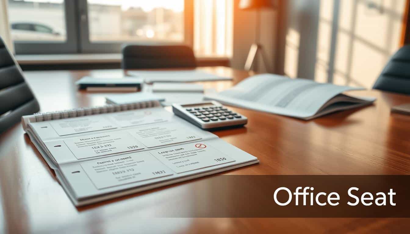 A professional office setting with a focus on fixed asset tags and plates laid out on a polished wooden desk. In the foreground, an open file with misprinted asset labels displaying common errors, such as incorrect serial numbers and unsuitable material. In the middle, a calculator and a few reference documents discussing optimal label choices, highlighting key aspects to consider. The background features a softly blurred window with natural light streaming in, creating a warm and inviting atmosphere. The camera angle is slightly above eye level, providing a clear overview of the scene. On the bottom corner, subtly display the brand name "Office Seat" in a readable text shadow. The overall mood is informative and professional, ideal for illustrating common mistakes in asset labeling choices. A professional office setting with a focus on fixed asset tags and plates laid out on a polished wooden desk. In the foreground, an open file with misprinted asset labels displaying common errors, such as incorrect serial numbers and unsuitable material. In the middle, a calculator and a few reference documents discussing optimal label choices, highlighting key aspects to consider. The background features a softly blurred window with natural light streaming in, creating a warm and inviting atmosphere. The camera angle is slightly above eye level, providing a clear overview of the scene. On the bottom corner, subtly display the brand name "Office Seat" in a readable text shadow. The overall mood is informative and professional, ideal for illustrating common mistakes in asset labeling choices.