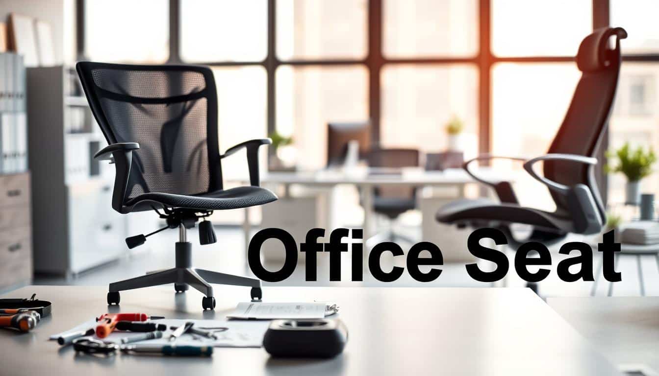 A professional office space with a sleek, modern desk featuring a broken office chair on the left side, visibly worn and dysfunctional. On the right, a stylish new office chair, highlighting the contrast between old and new. The foreground includes scattered tools and a repair manual, giving a sense of urgency to the decision of replacement. In the background, a blurred view of a well-lit, organized workspace with a large window letting in soft natural light, creating a warm and inviting atmosphere. The image captures the mood of practicality and professionalism; ensure the brand name "Office Seat" is subtly integrated into the image with a well-placed, legible text shadow, maintaining a corporate feel.