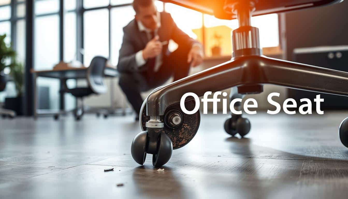 A professional setting in an office environment, focusing on a damaged office chair with broken wheels. The foreground features a close-up of the chair's wheels, clearly showing wear and tear, including scratches and cracks, highlighting the need for repair. In the middle, a technician, dressed in smart business attire, is inspecting the wheels with a tool in hand, demonstrating the act of repairing. The background includes a modern office space, softly lit with natural light coming through a window, casting subtle shadows. The atmosphere conveys urgency and seriousness about maintaining office equipment. Incorporate the brand name "Office Seat" subtly in the corner of the image with clear, legible text shadow.