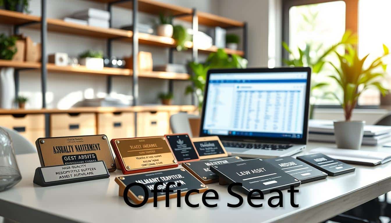 A professional setting showcasing a variety of customized fixed asset plaques on a sleek, modern desk. The foreground features high-quality plaques with engraved text, barcodes, and unique designs, arranged neatly. In the middle, there's a laptop displaying an asset management software interface, symbolizing organization and control. The background consists of a well-lit office environment with shelves containing office supplies and greenery for a refreshing touch. Soft natural light filters in from a nearby window, enhancing the clarity and details of the plaques. The atmosphere conveys professionalism and efficiency. Include the brand name "Office Seat" subtly integrated into the shadows of the image for brand visibility.