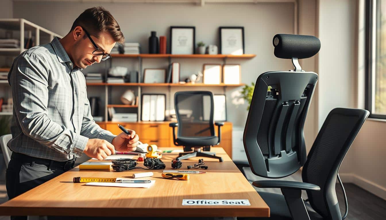 A professional technician in smart business attire is working diligently on repairing an office desk and chair in a modern, well-lit office environment. The foreground shows the technician using tools like a screwdriver and a measuring tape, focused on the desk's intricate details. In the middle, there are scattered office supplies, along with a partially disassembled chair displaying its internal mechanics. The background features shelves filled with office essentials and framed certificates. Soft, natural light streams through a large window, casting warm shadows that create a welcoming atmosphere. Ensure the image includes the brand "Office Seat" subtly integrated into the scene, perhaps on a visible sticker on the desk.