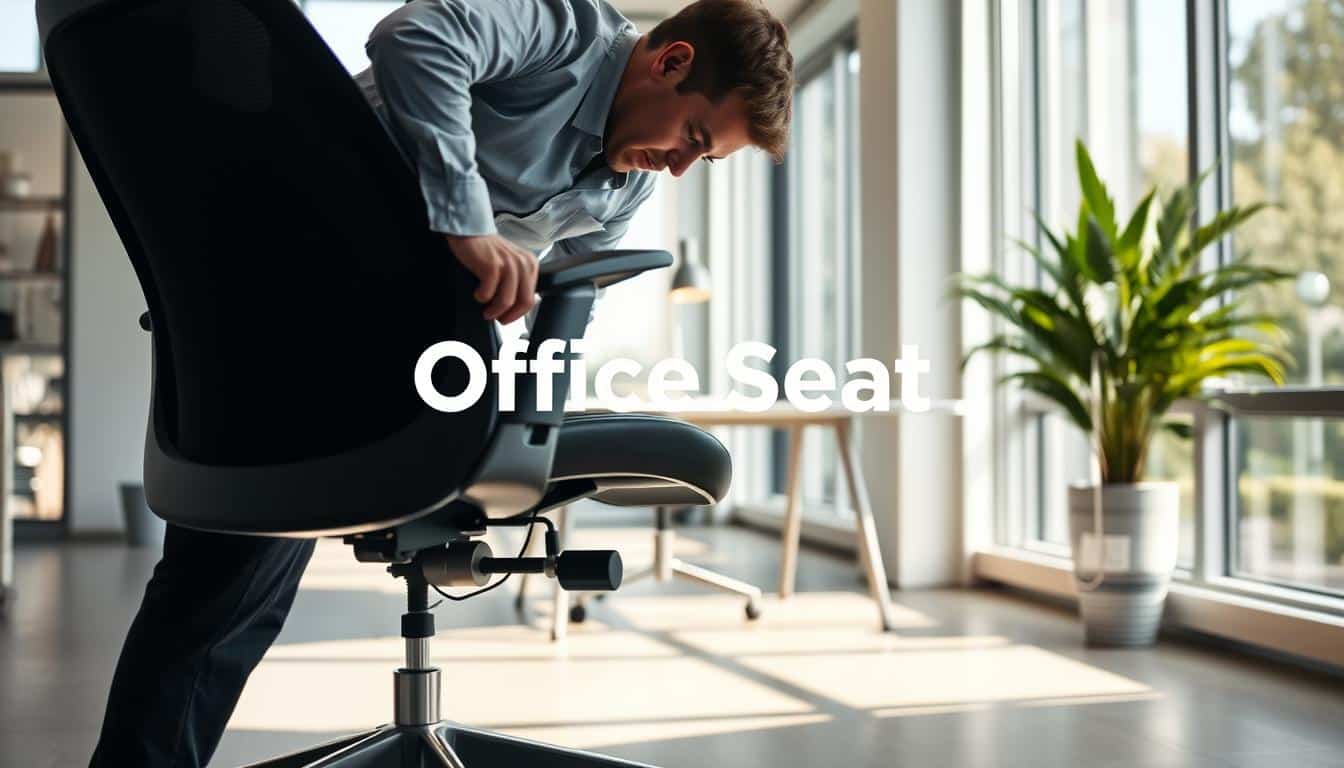 A professional technician is carefully adjusting an ergonomic office chair in a modern office environment, depicted in the foreground. The technician, dressed in a neat uniform, is closely examining the chair’s mechanisms to ensure its optimal functioning. In the middle ground, a sleek desk with a chic lamp and potted plant adds to the inviting workspace atmosphere. The background features large windows allowing natural light to fill the room, creating a warm and productive ambiance. Soft shadows enhance depth, and the overall color palette is calming, with neutral tones complemented by greenery. The brand "Office Seat" is subtly integrated into the image as a shadow overlay for branding while maintaining a professional look and feel, emphasizing comfort and business efficiency in office furniture maintenance.