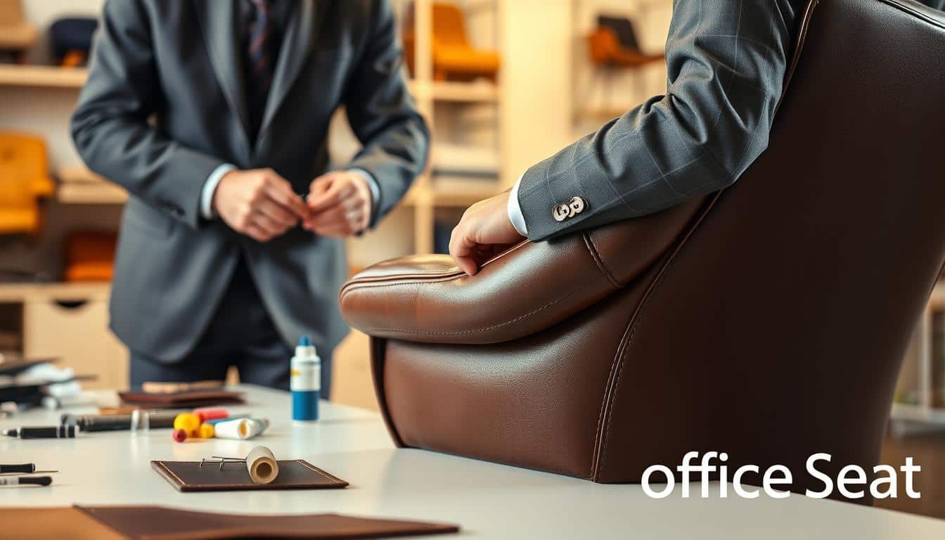 A professional workspace featuring a close-up of an executive leather chair undergoing repair. The foreground showcases a skilled technician in smart business attire, meticulously stitching a patch of rich, dark leather into the armrest of the chair. The middle ground highlights tools of the trade, like needles, thread, and leather adhesive, arranged on a clean workbench. The background consists of a softly blurred office environment with shelves displaying various upholstery materials and finished chairs. The lighting is warm and inviting, creating a focused atmosphere on the repair process while subtly casting shadows to enhance depth. A faint watermark of the brand "Office Seat" is subtly integrated into the lower corner, ensuring visibility without distracting from the main subject.