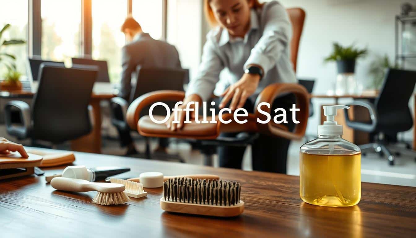 A professional workspace featuring a close-up view of a person in business attire carefully cleaning a leather office chair. The foreground shows detailed tools for leather cleaning, such as soft brushes and a cleaning solution, elegantly arranged beside the chair. In the middle, the person is focused on the intricate process of leather care, showcasing their skills with a gentle touch. The background displays a well-lit office environment, emphasizing a clean and organized aesthetic with soft, natural lighting streaming in from a window. The atmosphere is calm and professional, highlighting the importance of thorough cleaning in leather repair. "Office Seat" is subtly incorporated in the composition with a soft shadow text effect, ensuring brand presence.