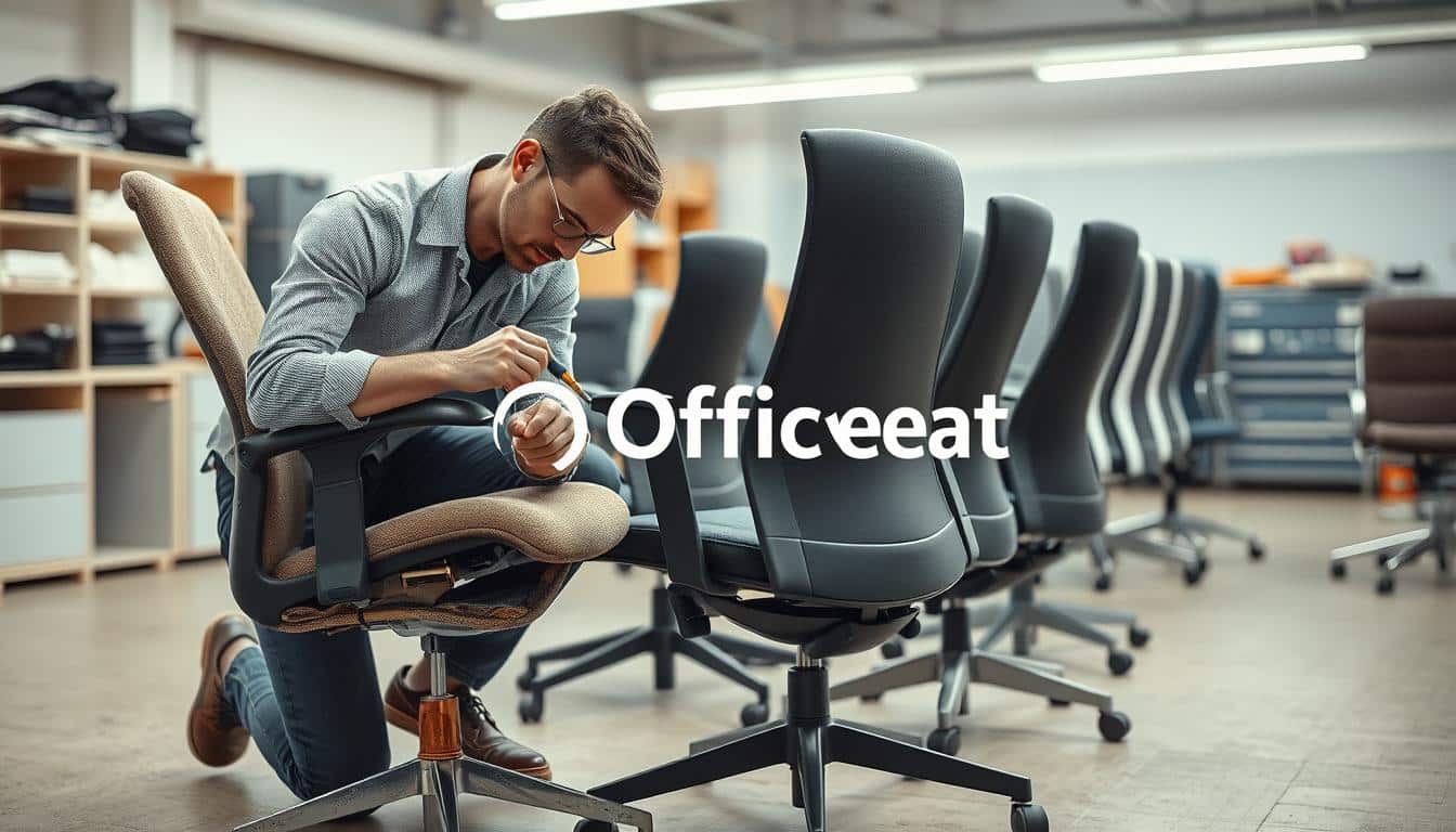 A professional workspace, featuring a well-lit office environment. In the foreground, a skilled technician, dressed in smart casual clothing, repairs an office chair, demonstrating common issues such as a broken wheel and worn-out upholstery. The technician uses tools like a screwdriver and upholstery fabric, focusing on the repair process. In the middle, a variety of office chairs, some in need of repair and others freshly restored, display different styles and colors. The background shows a neat workshop with shelves of tools and replacement parts, emphasizing the repair theme. Soft, natural lighting creates a welcoming atmosphere, while the brand name "Office Seat" is subtly integrated into the image for effective branding.