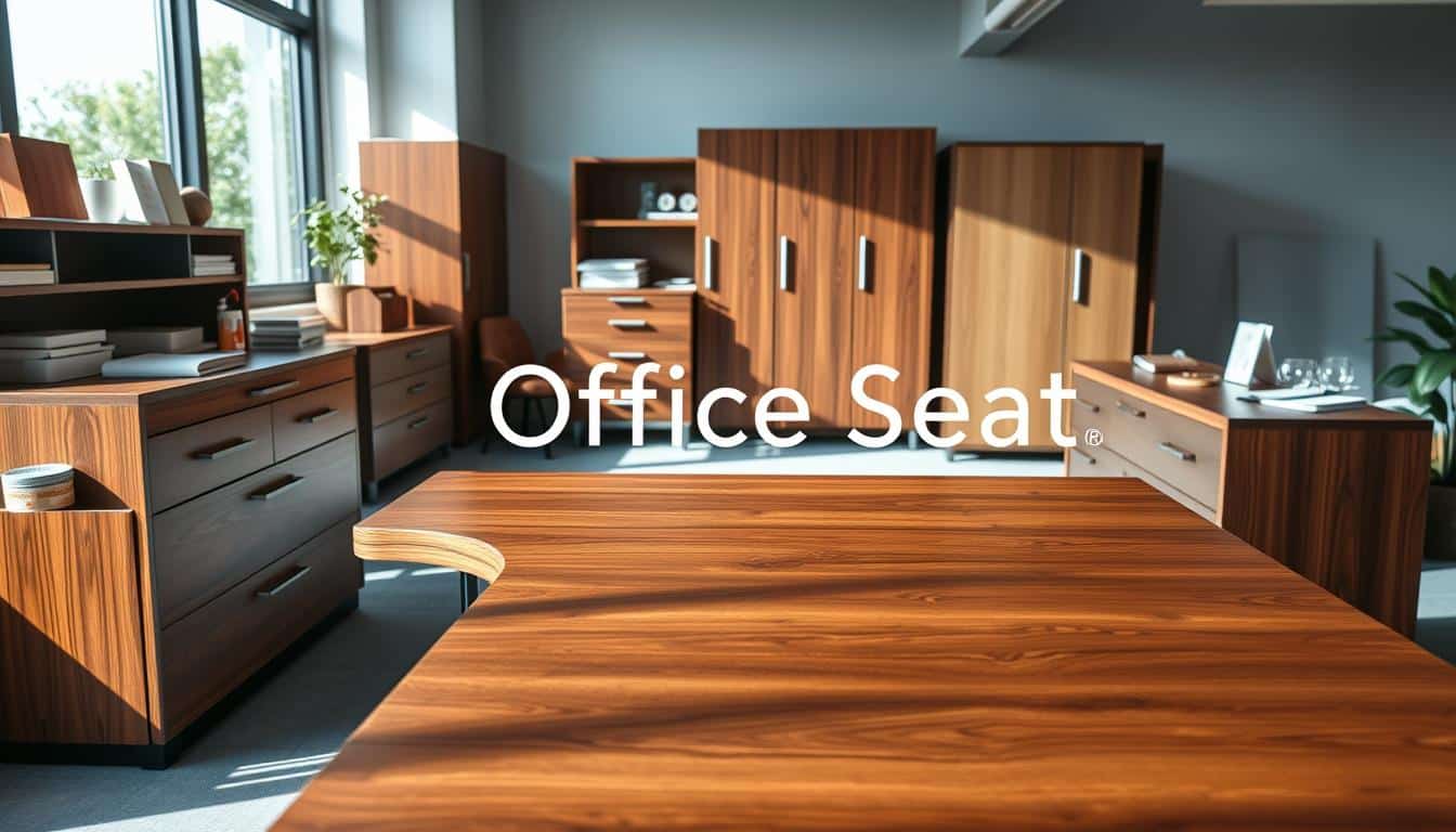A professional workspace featuring advanced restoration of corporate furniture: a sleek, polished wooden desk with a modern design is in the foreground, showcasing intricate craftsmanship and fine details. Beside it, a pristine filing cabinet and a stylish credenza reflect high-quality restoration, while a well-maintained locker adds to the scene. The middle ground includes tools and materials used for restoration, such as wood stains and brushes, with soft natural light filtering through large windows, casting gentle shadows that enhance the textures of the furniture. The background displays a clean, organized office environment with subtle hints of greenery, creating a calm and professional atmosphere. Ensure the brand name "Office Seat" is subtly integrated in a shadowed text format, clearly legible but not distracting.