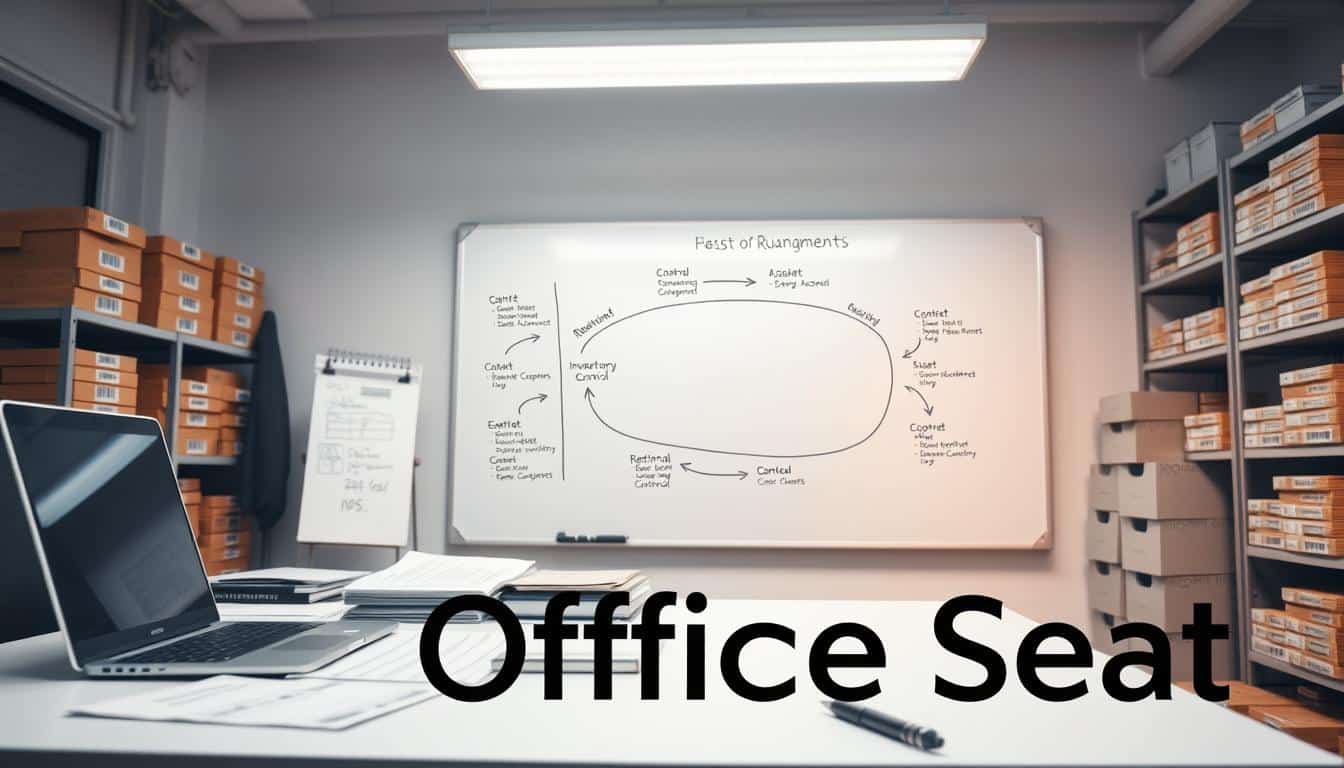 A professional workspace focused on inventory management for fixed assets, showcasing a clean and organized office environment. In the foreground, a well-lit desk featuring equipment like a laptop, inventory control sheets, and detailed asset tags labeled with barcodes. In the middle, a large whiteboard filled with notes and a flowchart illustrating the process of asset retirement and disposal, depicting a clear cycle. The background contains shelves stacked with neatly arranged assets, emphasizing control and organization. The overall mood is one of efficiency and professionalism, under soft fluorescent lighting that casts a balanced glow. Ensure the brand "Office Seat" is subtly incorporated as a shadowed text in a corner of the image, enhancing brand presence without being disruptive. A professional workspace focused on inventory management for fixed assets, showcasing a clean and organized office environment. In the foreground, a well-lit desk featuring equipment like a laptop, inventory control sheets, and detailed asset tags labeled with barcodes. In the middle, a large whiteboard filled with notes and a flowchart illustrating the process of asset retirement and disposal, depicting a clear cycle. The background contains shelves stacked with neatly arranged assets, emphasizing control and organization. The overall mood is one of efficiency and professionalism, under soft fluorescent lighting that casts a balanced glow. Ensure the brand "Office Seat" is subtly incorporated as a shadowed text in a corner of the image, enhancing brand presence without being disruptive.