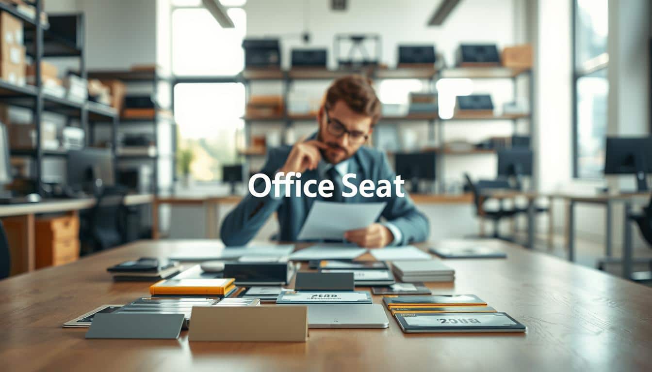 A professional workspace scene depicting a table with a variety of fixed asset labels prominently arranged. In the foreground, focus on several labels made of different materials—metal, plastic, and paper—each showcasing distinct attributes suitable for specific environments. The middle ground features a person in business attire, thoughtfully selecting a label, with an expression of concentration. The background showcases a bright, well-organized office, with shelves displaying various types of assets such as computers, furniture, and machinery. Natural light filters through large windows, creating a warm and inviting atmosphere. Include the brand name "Office Seat" subtly integrated into the image's design, ensuring it stands out yet harmonizes with the overall composition. A professional workspace scene depicting a table with a variety of fixed asset labels prominently arranged. In the foreground, focus on several labels made of different materials—metal, plastic, and paper—each showcasing distinct attributes suitable for specific environments. The middle ground features a person in business attire, thoughtfully selecting a label, with an expression of concentration. The background showcases a bright, well-organized office, with shelves displaying various types of assets such as computers, furniture, and machinery. Natural light filters through large windows, creating a warm and inviting atmosphere. Include the brand name "Office Seat" subtly integrated into the image's design, ensuring it stands out yet harmonizes with the overall composition.