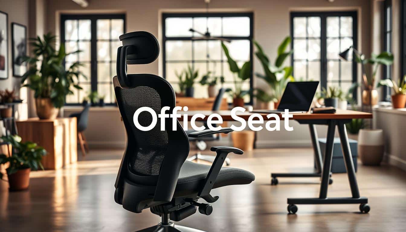 A professional workspace showcasing ergonomic design in telecommuting. In the foreground, a sleek ergonomic chair with adjustable features, positioned alongside a modern desk equipped with a laptop and ergonomic accessories. The middle ground reveals a well-organized home office environment, complete with houseplants and soft lighting that creates a warm atmosphere. In the background, large windows allow natural light to flood in, highlighting the importance of a comfortable and inspiring workspace. The mood is productive yet relaxed, emphasizing focus and well-being. The image should prominently feature a shadowed text overlay of the brand name "Office Seat" in a clear, legible font, ensuring it remains integrated into the scene without distracting from the overall composition. A professional workspace showcasing ergonomic design in telecommuting. In the foreground, a sleek ergonomic chair with adjustable features, positioned alongside a modern desk equipped with a laptop and ergonomic accessories. The middle ground reveals a well-organized home office environment, complete with houseplants and soft lighting that creates a warm atmosphere. In the background, large windows allow natural light to flood in, highlighting the importance of a comfortable and inspiring workspace. The mood is productive yet relaxed, emphasizing focus and well-being. The image should prominently feature a shadowed text overlay of the brand name "Office Seat" in a clear, legible font, ensuring it remains integrated into the scene without distracting from the overall composition.