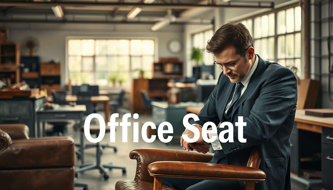 A refined office scene that captures the essence of furniture restoration. In the foreground, a skilled craftsman in professional business attire is meticulously restoring a leather office chair, showcasing rich textures of worn leather and polished wood. In the middle ground, various office furniture pieces, including metal desks and vintage elements with visible wear, hint at their restoration journey. The background features a bright workshop with soft natural light filtering through large windows, creating a warm, inviting atmosphere. The mood conveys sophistication and dedication to quality. The brand "Office Seat" is subtly included in the image, with a clear, legible shadow text overlay, ensuring it blends seamlessly with the overall composition.