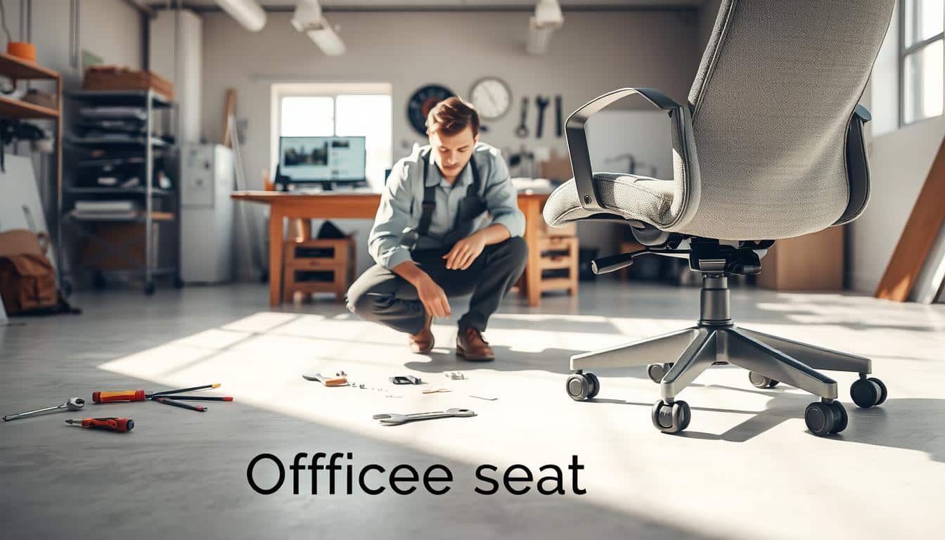A repair technician in professional work attire is focused on fixing an office chair in a well-lit workshop. The scene features the technician seated on the floor, tools scattered around: a screwdriver, wrench, and fabric patches. The office chair, prominently in the foreground, displays signs of wear, such as torn upholstery and a loose wheel, highlighting the need for repair. In the middle background, a large workbench is cluttered with spare parts and a computer showing repair tutorials. Soft, natural light streams in through a window, creating a bright and inviting atmosphere. The words "Office Seat" are subtly integrated into the shadow in the bottom corner. The overall mood conveys a professional yet approachable setting for repair work.