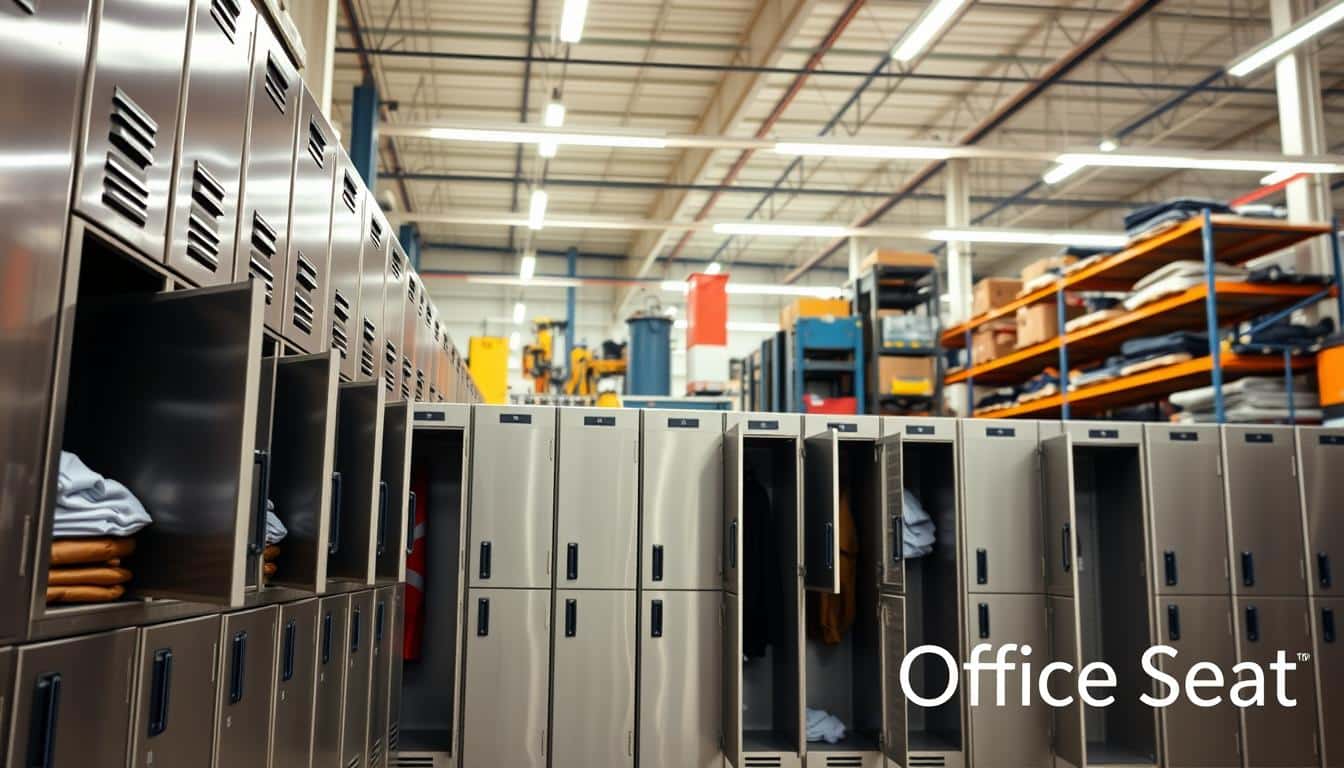 A row of sleek, metallic lockers designed for employees in a bustling warehouse or production environment, each locker featuring a brushed steel finish with modern, minimalist design. The foreground shows a series of lockers with their doors slightly ajar, revealing neatly folded work uniforms inside. In the middle, an array of these lockers is positioned against a backdrop of industrial shelving filled with tools and equipment, showcasing a busy operational area. Soft, diffused fluorescent lighting above casts a bright and inviting glow, while the scene captures a sense of organization and efficiency. The atmosphere is professional and functional, reflecting a workplace that values order. Include "Office Seat" subtly in shadow text in the bottom right corner for brand visibility. A row of sleek, metallic lockers designed for employees in a bustling warehouse or production environment, each locker featuring a brushed steel finish with modern, minimalist design. The foreground shows a series of lockers with their doors slightly ajar, revealing neatly folded work uniforms inside. In the middle, an array of these lockers is positioned against a backdrop of industrial shelving filled with tools and equipment, showcasing a busy operational area. Soft, diffused fluorescent lighting above casts a bright and inviting glow, while the scene captures a sense of organization and efficiency. The atmosphere is professional and functional, reflecting a workplace that values order. Include "Office Seat" subtly in shadow text in the bottom right corner for brand visibility.