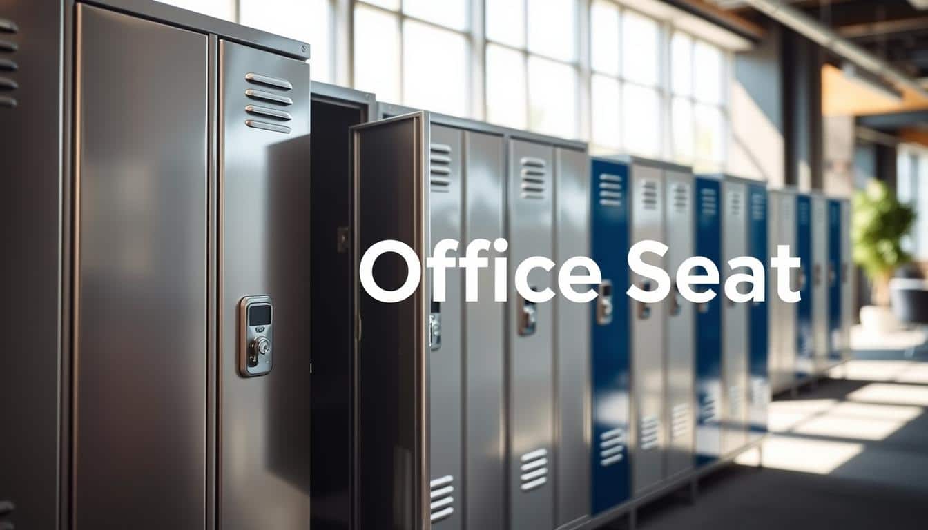 A row of sleek metallic lockers designed for office use, set against a modern workplace background. In the foreground, focus on a shiny silver locker with a smooth finish, showcasing its secure lock and spacious interior. In the middle ground, several additional lockers in various colors, like blue and gray, demonstrate versatility and style, all lined up neatly. The background features an office environment with natural light streaming through large windows, casting soft shadows that enhance the metallic surfaces. Lens: 50mm, angle slightly upward to capture the heights of the lockers and the workplace atmosphere. The mood is professional and organized, conveying efficiency and reliability. Subtly include the brand name "Office Seat" in a clear, readable font, positioned as a shadow on one of the lockers.