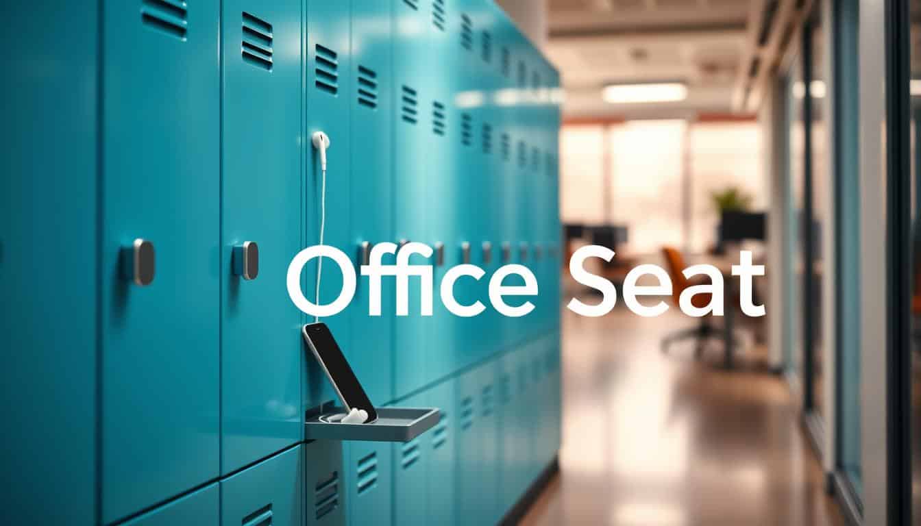 A row of sleek, modern lockers designed specifically for cell phones and small devices, arranged in a well-lit office environment. The lockers are a vibrant mix of soft blues and greens, creating a calming atmosphere. In the foreground, a neatly organized locker is partly open, revealing a smartphone and a set of earbuds placed inside. The middle section showcases a few more lockers, while in the background, a subtle blurred office setting can be seen, filled with soft lighting and comfortable workspaces. The mood is serene and focused, emphasizing productivity and minimized distractions. The brand name "Office Seat" is subtly integrated into the image through a shadow text overlay, ensuring visibility without overpowering the scene. A row of sleek, modern lockers designed specifically for cell phones and small devices, arranged in a well-lit office environment. The lockers are a vibrant mix of soft blues and greens, creating a calming atmosphere. In the foreground, a neatly organized locker is partly open, revealing a smartphone and a set of earbuds placed inside. The middle section showcases a few more lockers, while in the background, a subtle blurred office setting can be seen, filled with soft lighting and comfortable workspaces. The mood is serene and focused, emphasizing productivity and minimized distractions. The brand name "Office Seat" is subtly integrated into the image through a shadow text overlay, ensuring visibility without overpowering the scene.