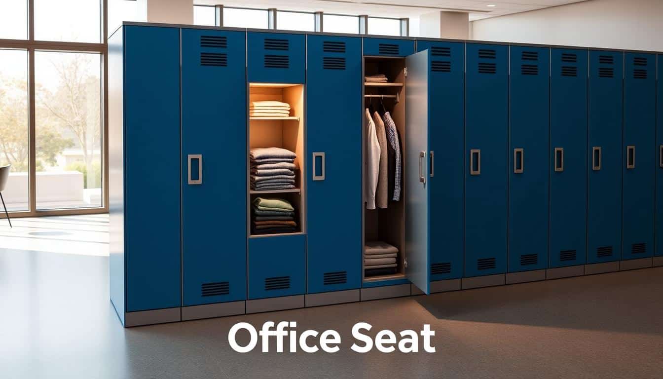 A row of special width lockers designed for folded clothes, crafted from sleek metal with a modern finish. The lockers are vivid blue and grey, organized in a stylish office hallway. In the foreground, showcase a well-lit, open locker with neatly folded garments inside, hinting at various employee routines. The middle ground features the remaining lockers, with some slightly ajar, inviting a glimpse into their storage capabilities. A warm, natural light filters through large windows in the background, casting soft shadows and enhancing the workspace atmosphere. The scene feels professional and inviting, ideal for an office environment. Include the brand name "Office Seat" subtly positioned in the bottom corner with a clear text shadow effect to ensure visibility. A row of special width lockers designed for folded clothes, crafted from sleek metal with a modern finish. The lockers are vivid blue and grey, organized in a stylish office hallway. In the foreground, showcase a well-lit, open locker with neatly folded garments inside, hinting at various employee routines. The middle ground features the remaining lockers, with some slightly ajar, inviting a glimpse into their storage capabilities. A warm, natural light filters through large windows in the background, casting soft shadows and enhancing the workspace atmosphere. The scene feels professional and inviting, ideal for an office environment. Include the brand name "Office Seat" subtly positioned in the bottom corner with a clear text shadow effect to ensure visibility.