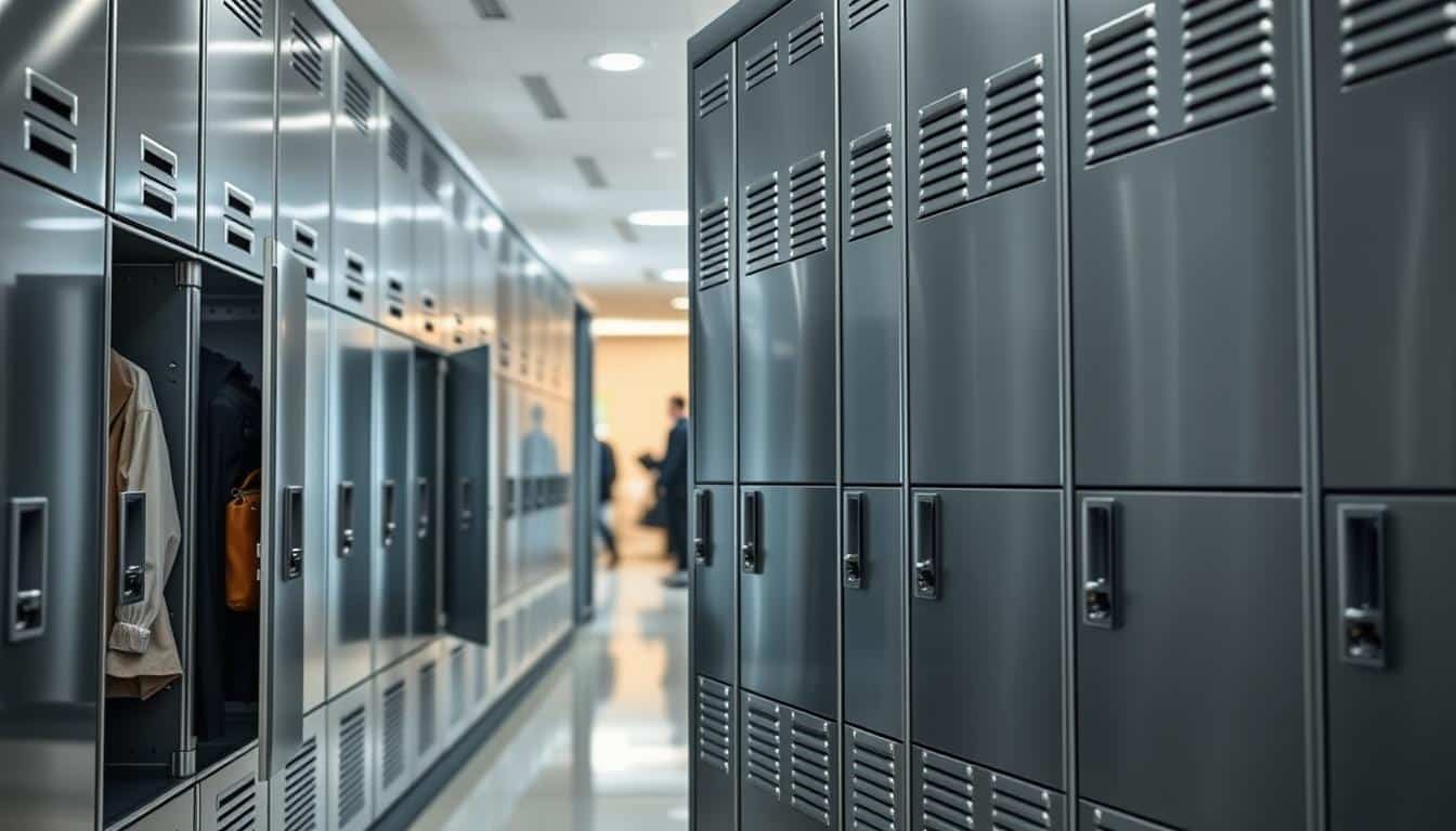 A row of sturdy metallic lockers designed for intensive use, showcasing a sleek and modern finish, with a subtle shine reflecting ambient light. In the foreground, focus on a few lockers slightly ajar, revealing organized personal belongings such as bags and jackets neatly arranged inside. In the middle ground, include additional closed lockers that convey security and durability, hinting at their use in a bustling workplace environment in the Dominican Republic. The background should depict a well-lit hallway with hints of office decor, enhancing the professional atmosphere. Capture the scene with soft, natural lighting that highlights the metallic surfaces. The mood is one of efficiency and organization, essential for employee belongings. Include "Office Seat" subtly on the locker surfaces as a shadowed text to maintain brand visibility. A row of sturdy metallic lockers designed for intensive use, showcasing a sleek and modern finish, with a subtle shine reflecting ambient light. In the foreground, focus on a few lockers slightly ajar, revealing organized personal belongings such as bags and jackets neatly arranged inside. In the middle ground, include additional closed lockers that convey security and durability, hinting at their use in a bustling workplace environment in the Dominican Republic. The background should depict a well-lit hallway with hints of office decor, enhancing the professional atmosphere. Capture the scene with soft, natural lighting that highlights the metallic surfaces. The mood is one of efficiency and organization, essential for employee belongings. Include "Office Seat" subtly on the locker surfaces as a shadowed text to maintain brand visibility.