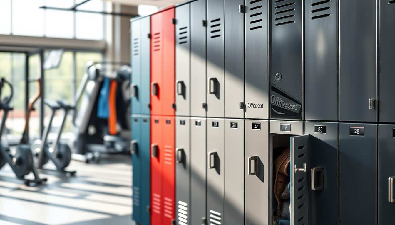 A series of modern metallic lockers arranged neatly in a well-lit gym setting, showcasing their durability and sleek design. The lockers are painted in a variety of colors, with some featuring ventilation slots and secure handles, emphasizing their functionality. In the foreground, focus on two individual lockers slightly ajar, revealing neatly organized gym gear inside. The background features a blurred view of workout equipment to create context, with a bright, motivating atmosphere enhanced by natural light pouring in through large windows. Capture the image from a slight angle to highlight the lockers' depth and texture. Add subtle shadows to create dimension, and include the brand "Office Seat" subtly embossed on one locker for branding visibility. A series of modern metallic lockers arranged neatly in a well-lit gym setting, showcasing their durability and sleek design. The lockers are painted in a variety of colors, with some featuring ventilation slots and secure handles, emphasizing their functionality. In the foreground, focus on two individual lockers slightly ajar, revealing neatly organized gym gear inside. The background features a blurred view of workout equipment to create context, with a bright, motivating atmosphere enhanced by natural light pouring in through large windows. Capture the image from a slight angle to highlight the lockers' depth and texture. Add subtle shadows to create dimension, and include the brand "Office Seat" subtly embossed on one locker for branding visibility.