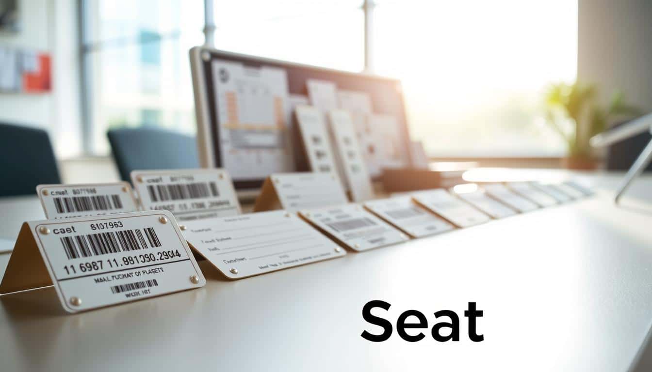 A set of neatly arranged fixed asset plates or labels, featuring various designs, textures, and sizes, positioned on a modern office desk. In the foreground, there are a few close-up shots of labels with barcodes and asset tracking information, emphasizing their professional quality. The middle ground showcases additional plates grouped together, some partially overlapping, showcasing their diverse functions. In the background, soft natural light streams through a large window, creating a warm and inviting atmosphere. The entire scene has a clean and organized feel, suggesting professionalism and efficiency. Incorporate a subtle shadow text overlay of the brand "Office Seat" on the desk surface, ensuring it remains legible and blends harmoniously with the scene.