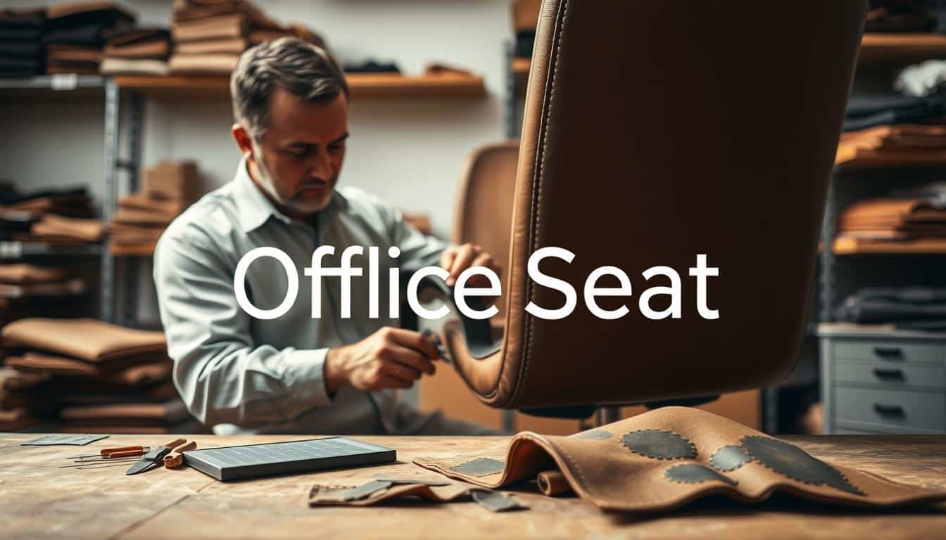 A skilled artisan meticulously repairing an office chair made of distressed leather in a well-lit workshop. In the foreground, tools like needles, leather patches, and a small cutting mat are neatly arranged, showcasing the intricacy of the leather repair process. The middle ground features the artisan, a middle-aged Dominican man in professional attire, focused on his work, using a detailed technique to mend the leather. The background shows shelves stocked with various leather materials and office furniture components. Soft, natural lighting enhances the warmth of the scene, creating a dedicated and professional atmosphere. The brand name "Office Seat" is subtly integrated into the image with a soft shadow for clear visibility, ensuring it blends harmoniously with the workspace ambiance.
