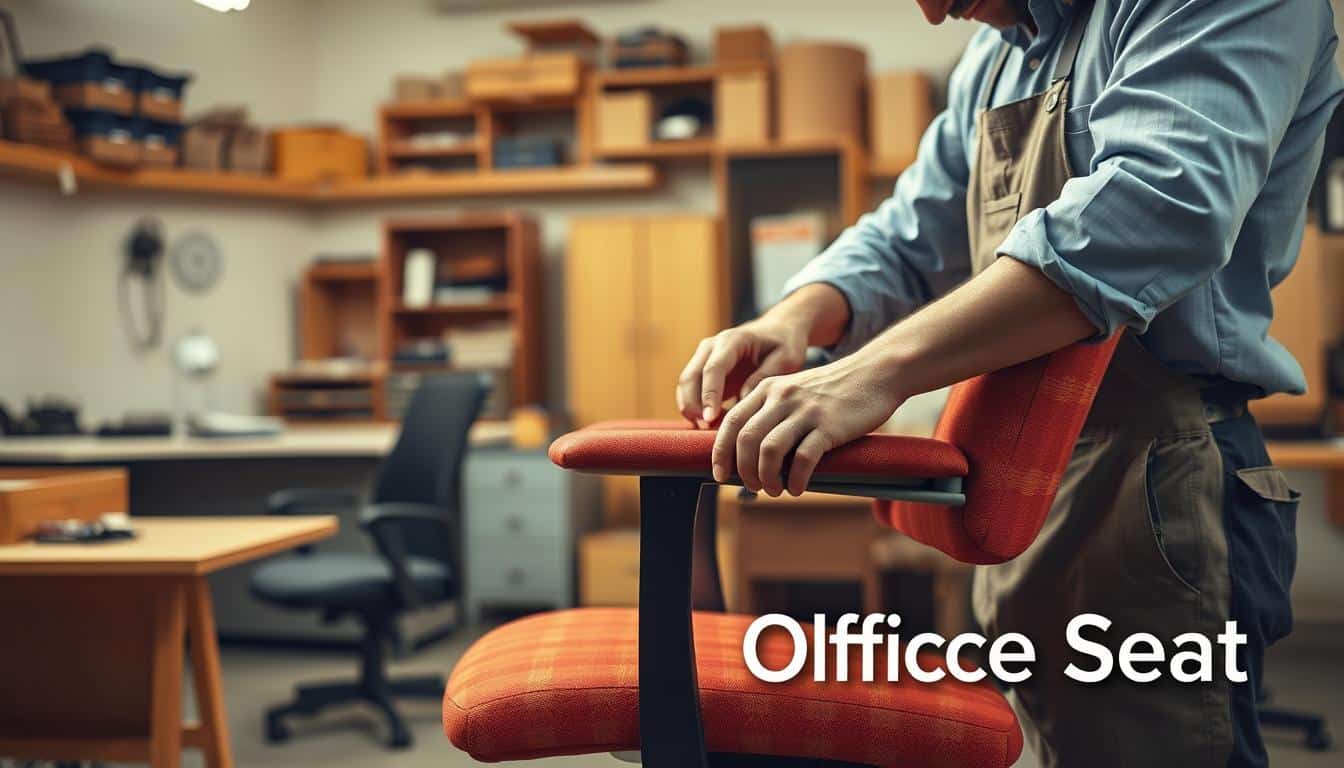 A skilled craftsman in professional attire repairs an office chair in a well-lit workshop. The foreground features a detailed view of the craftsman’s hands, focused on reupholstering the chair with vibrant fabric, showcasing the meticulous craftsmanship. In the middle ground, various office furniture pieces, such as desks and cabinets, are partially visible, some in the process of being restored. The background displays shelves filled with tools and materials, enhancing the atmosphere of a dedicated workspace. Soft, warm lighting creates an inviting mood, emphasizing the practicality and care behind furniture repair. Include a subtle shadow of the text "Office Seat" in the corner, ensuring it is legible but does not overpower the image.