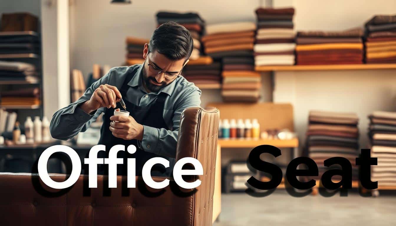 A skilled technician meticulously restoring leather furniture in a well-lit workshop. In the foreground, a professional in business attire works with tools, applying conditioner to a rich brown leather chair. The middle layer features various restoration products, such as leather dyes and cleaning supplies, neatly arranged on a workbench. The background showcases shelves filled with neatly stacked upholstered items and leather swatches. Soft, warm lighting creates an inviting, professional atmosphere, highlighting the textures of the leather. A shadow of the brand name "Office Seat" is subtly integrated into the image, ensuring clear visibility without overwhelming the composition.