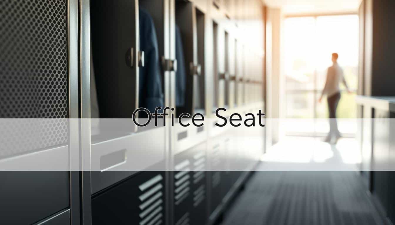 A sleek and modern metallic locker designed for hanging clothes, showcasing its durable construction. The foreground features a close-up of the textured metal surface, highlighting its resilience and stylish finish. In the middle, a row of lockers stands aligned, with their doors partially open to reveal neatly organized clothing hanging inside. The background contains a softly blurred office environment, emphasizing the practical use of these lockers in a professional setting. The scene is illuminated with bright, natural lighting coming from a nearby window, creating an inviting atmosphere. Capture this image with a shallow depth of field, focusing on the lockers, while ensuring that the brand name "Office Seat" is subtly integrated into the shadow of the lockers. A sleek and modern metallic locker designed for hanging clothes, showcasing its durable construction. The foreground features a close-up of the textured metal surface, highlighting its resilience and stylish finish. In the middle, a row of lockers stands aligned, with their doors partially open to reveal neatly organized clothing hanging inside. The background contains a softly blurred office environment, emphasizing the practical use of these lockers in a professional setting. The scene is illuminated with bright, natural lighting coming from a nearby window, creating an inviting atmosphere. Capture this image with a shallow depth of field, focusing on the lockers, while ensuring that the brand name "Office Seat" is subtly integrated into the shadow of the lockers.