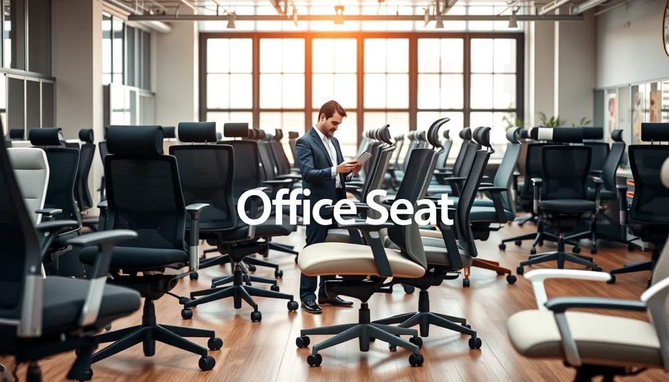 A sleek and modern office space filled with various ergonomic office chairs displayed prominently. In the foreground, a variety of stylish office chairs in different colors and designs invite attention, highlighting their unique features like adjustable heights, lumbar support, and rolling wheels. In the middle ground, a professional-looking individual in business attire examines a chair, focusing thoughtfully on its comfort and design. The background features a well-lit, contemporary office setting with large windows allowing natural light to filter in, creating a warm and welcoming atmosphere. The logo "Office Seat" is subtly integrated into the image with a soft shadow, ensuring it is clearly legible. The overall mood should convey professionalism and an engaging shopping experience, perfect for those looking to make informed decisions about office furniture.